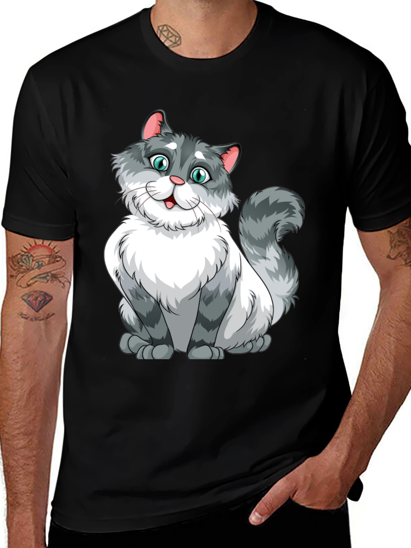 Variant 19 of Cartoon Cat Graphic Black T-Shirt