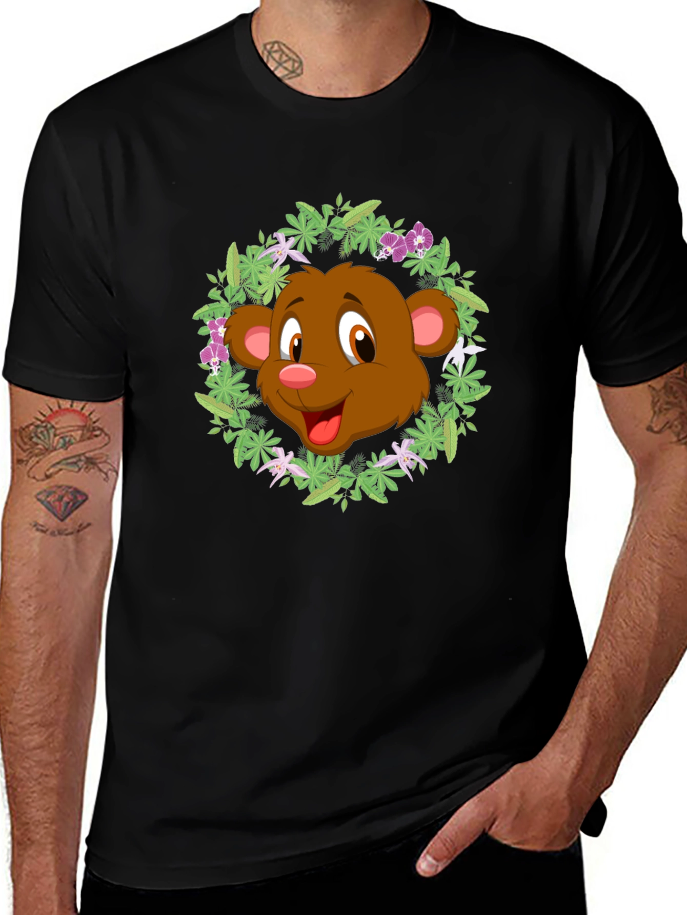 Variant 21 of Cute Bear Cartoon Floral Wreath Black T-Shirt