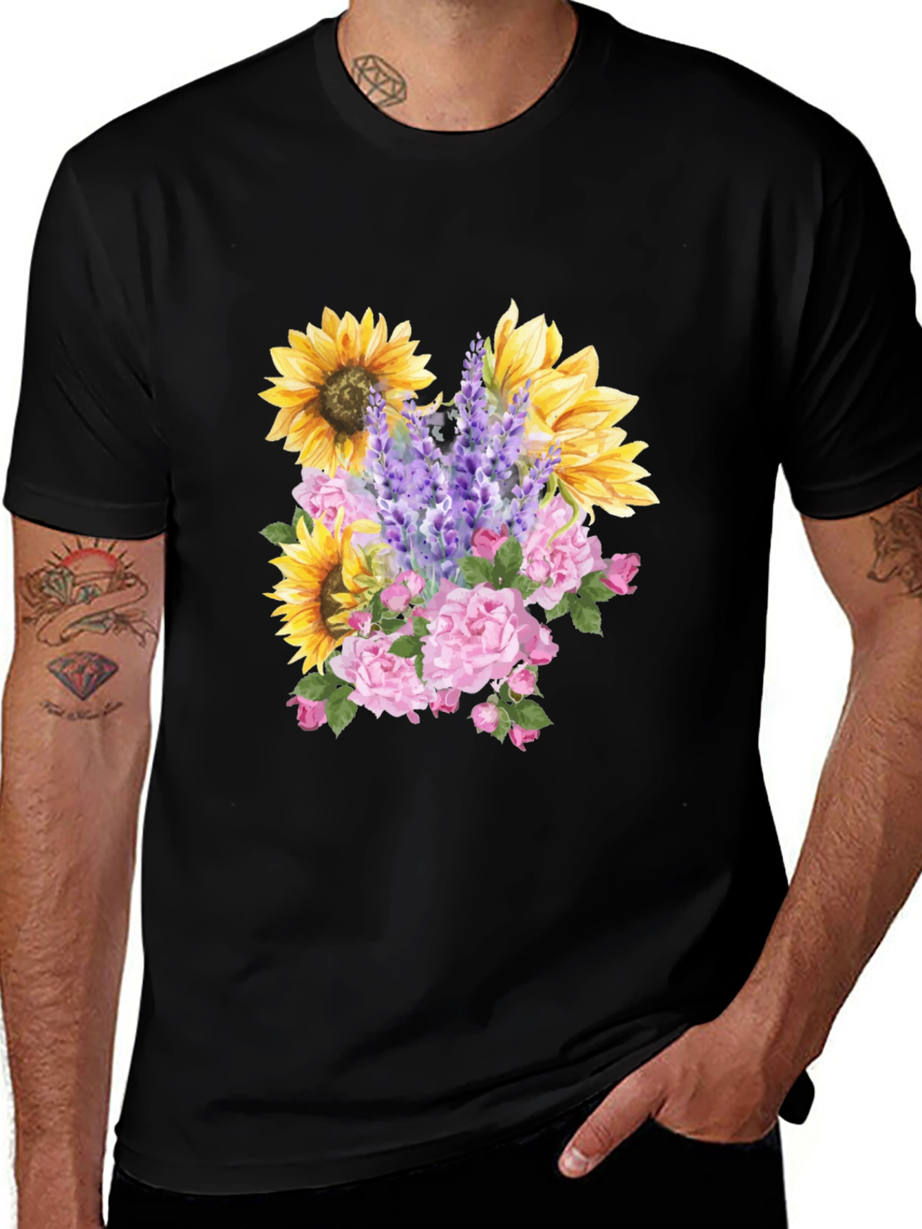 Floral Bouquet Graphic Tee - Sunflower, Rose, Lavender