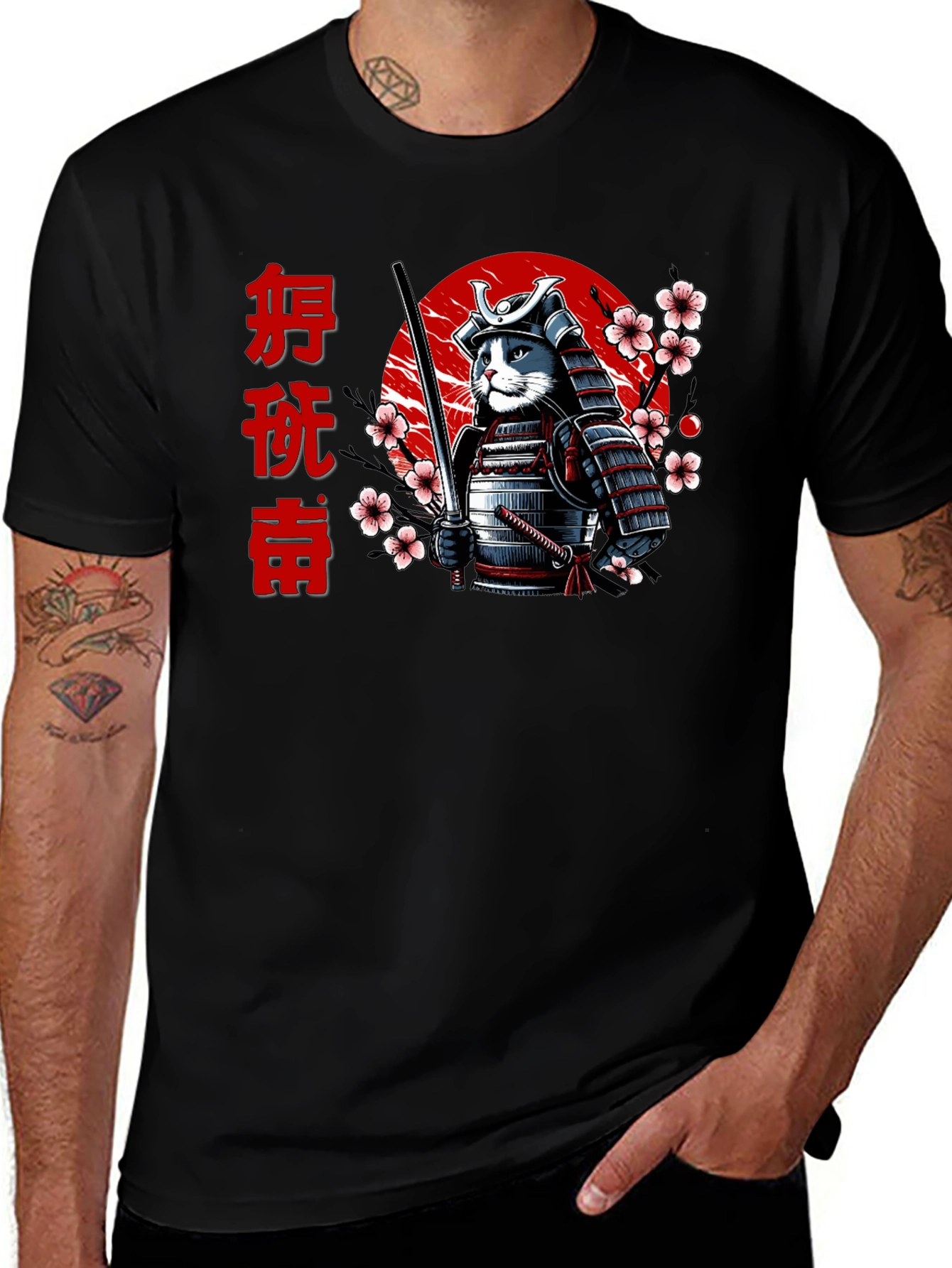 Variant 30 of Samurai Cat Graphic T-Shirt - Black Tee