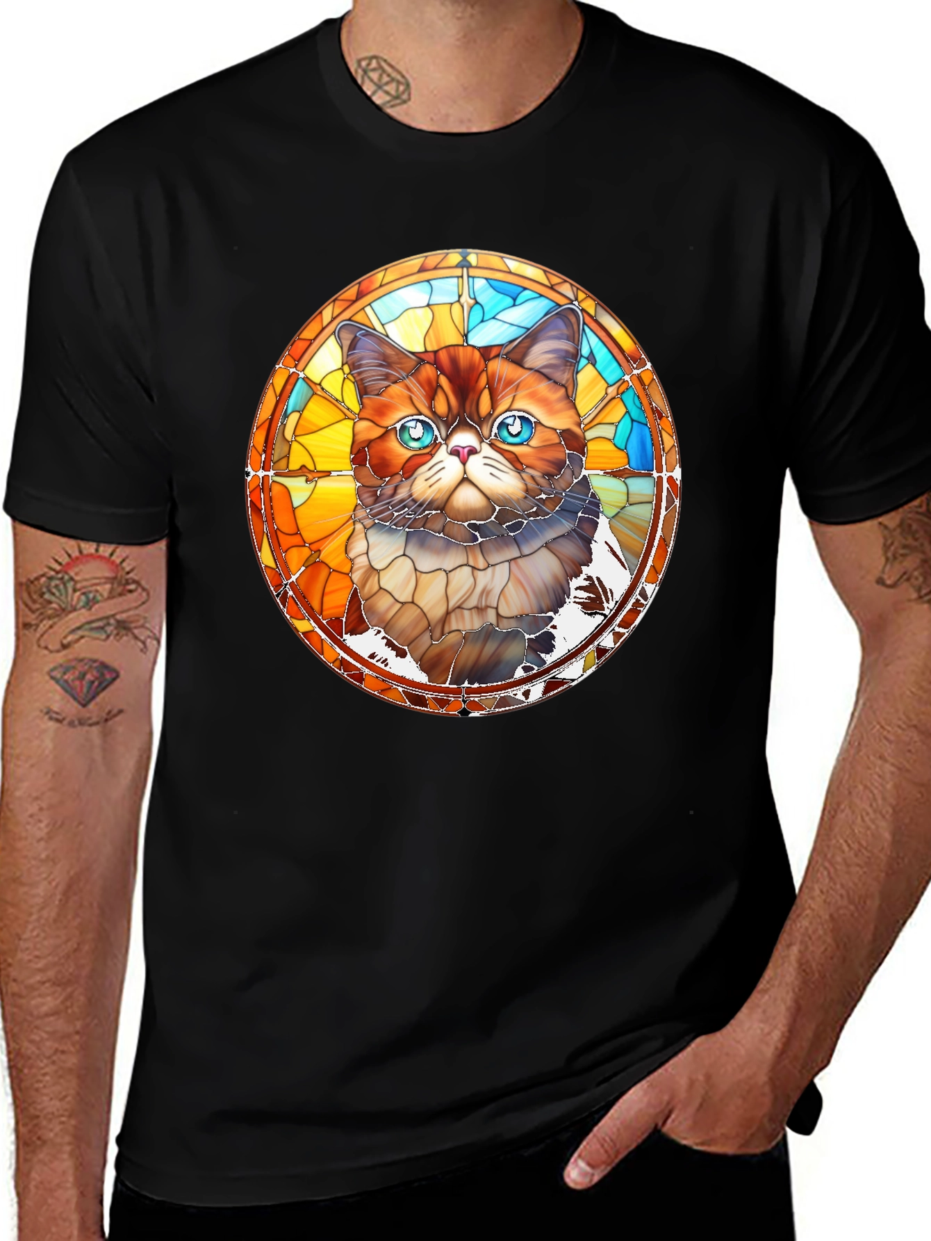 Variant 23 of Stained Glass Cat Graphic Black T-Shirt