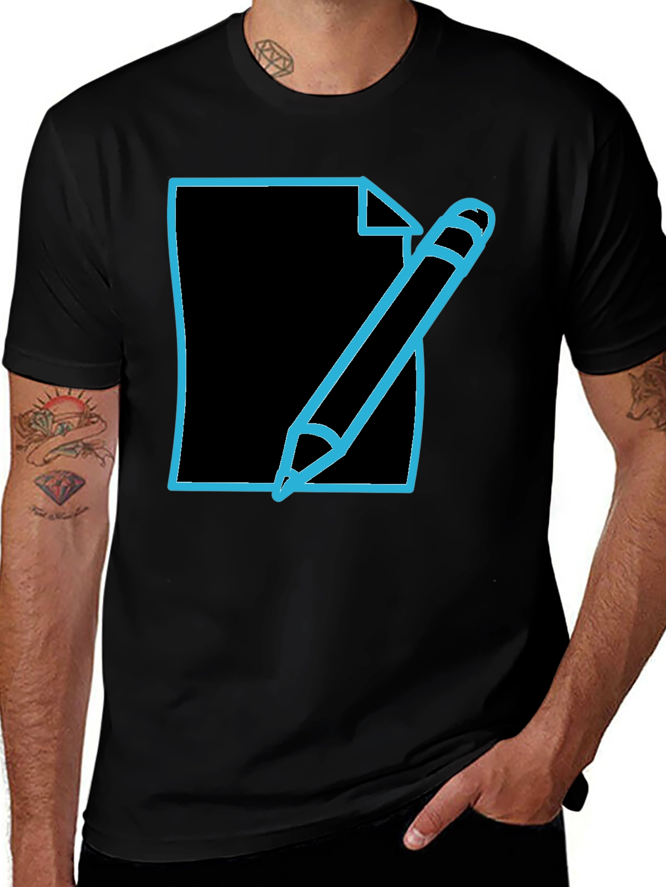 Write On! Men's Black T-Shirt with Pen & Paper Graphic