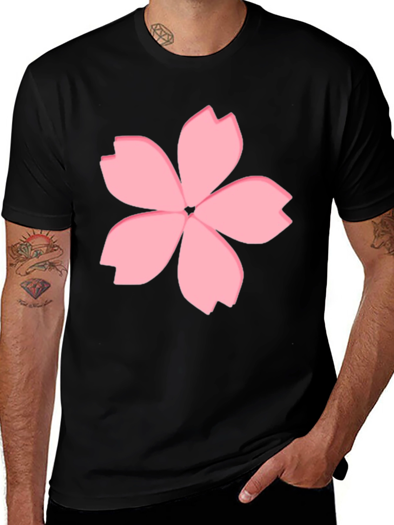 Variant 18 of Men's Black T-Shirt with Pink Cherry Blossom Design
