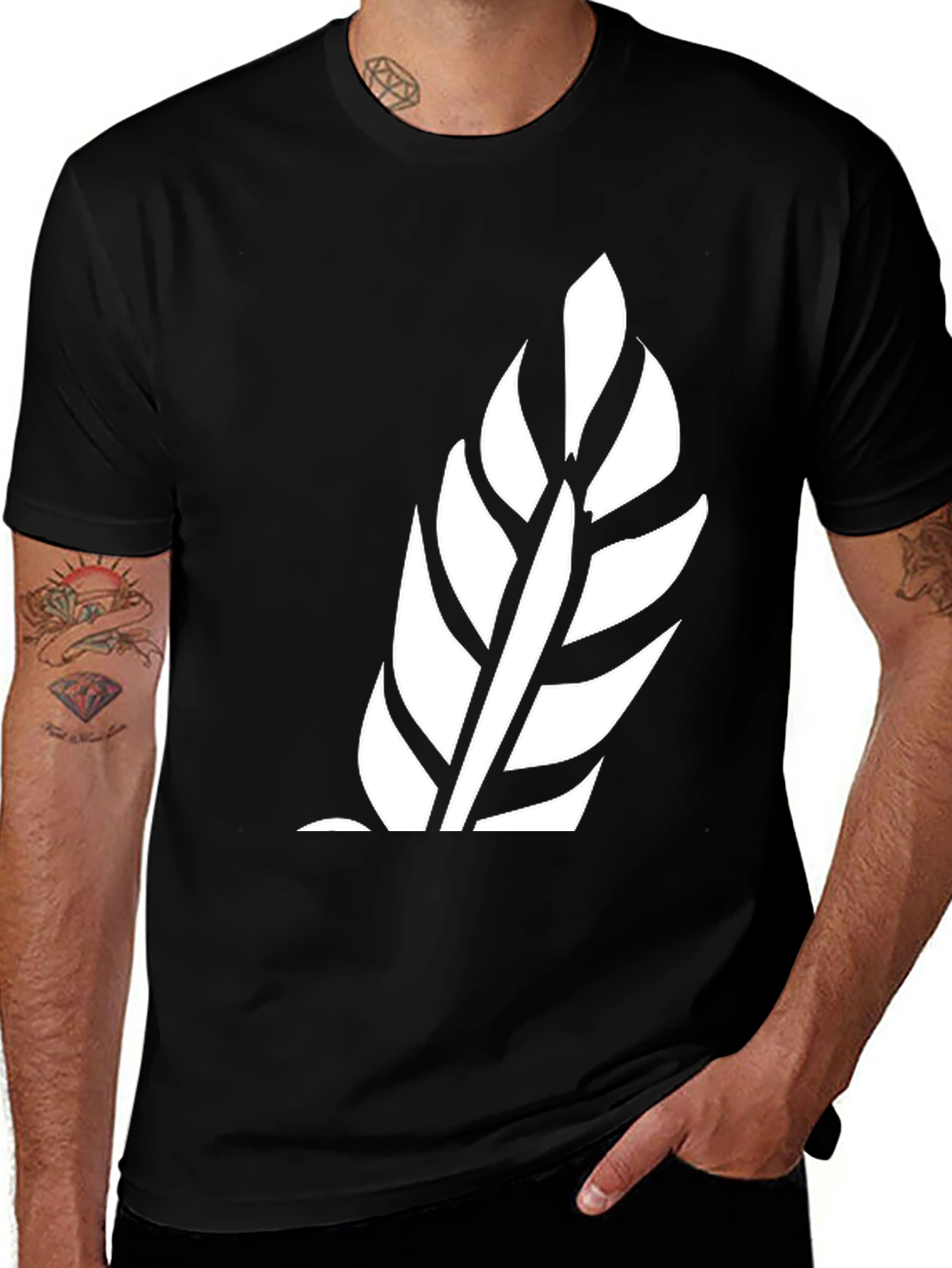 Variant 23 of Men's Black T-Shirt with White Leaf Design