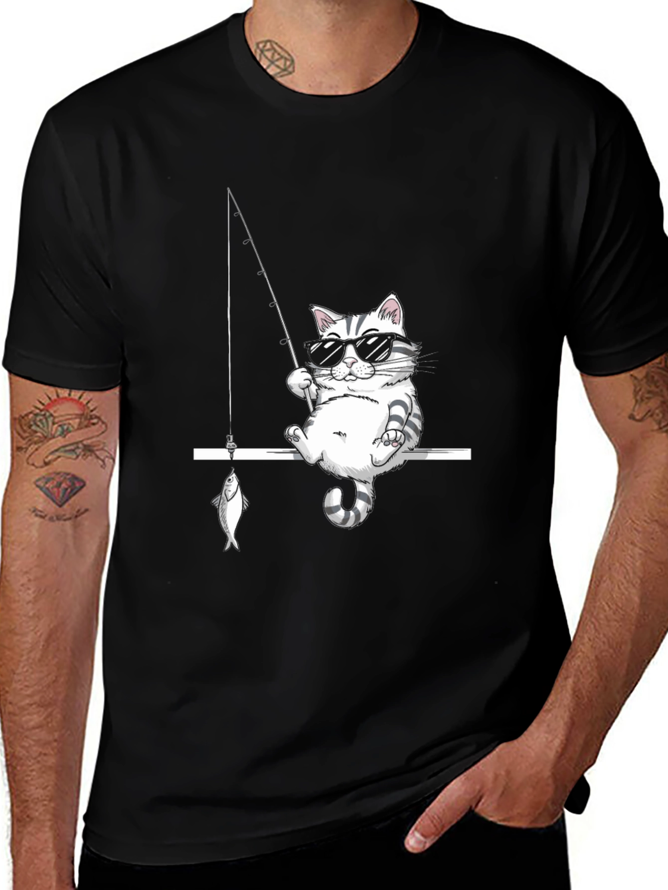 Variant 23 of Cool Cat Fishing Graphic Tee - Black Cotton T-Shirt