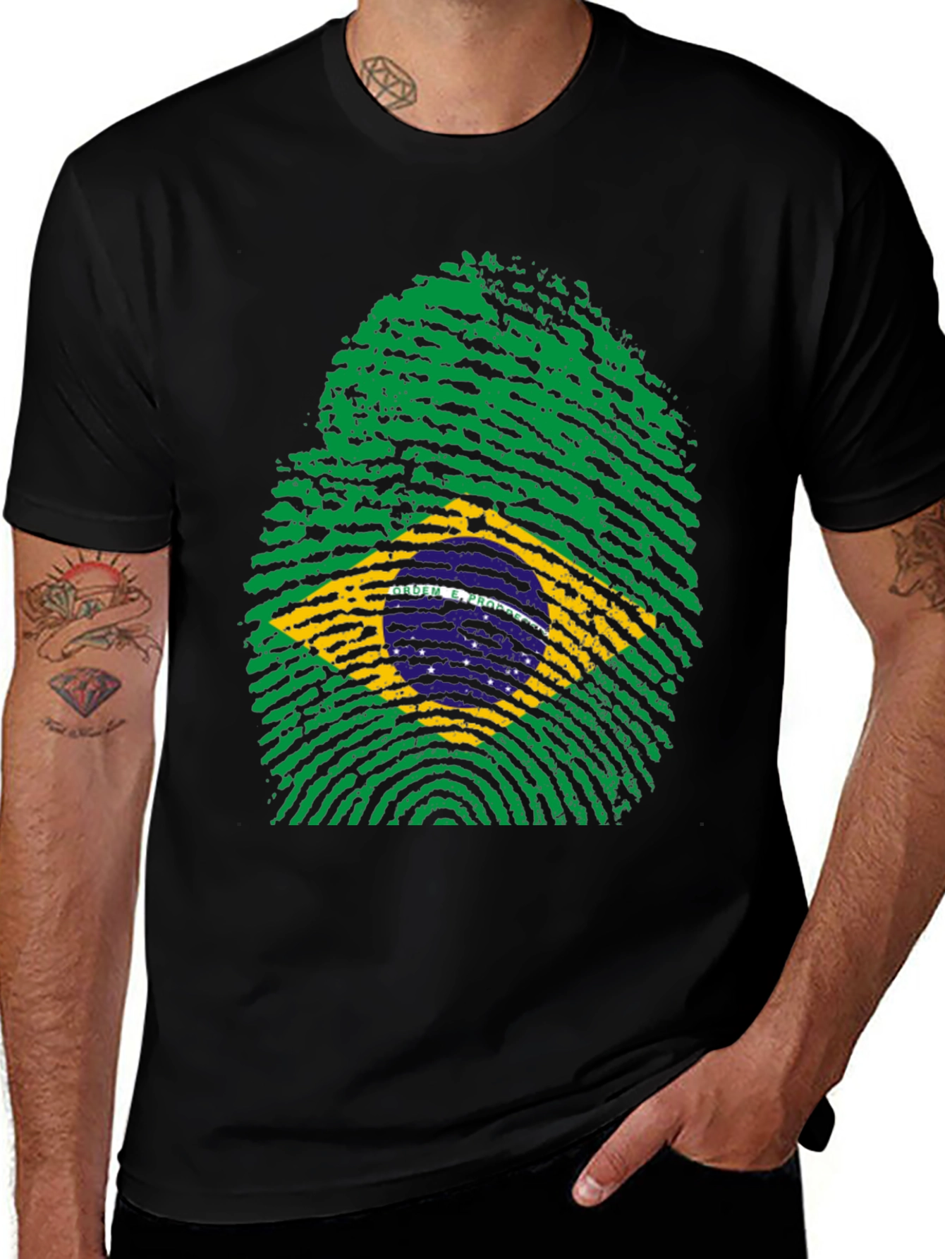 Brazil Flag Fingerprint T-Shirt - Black