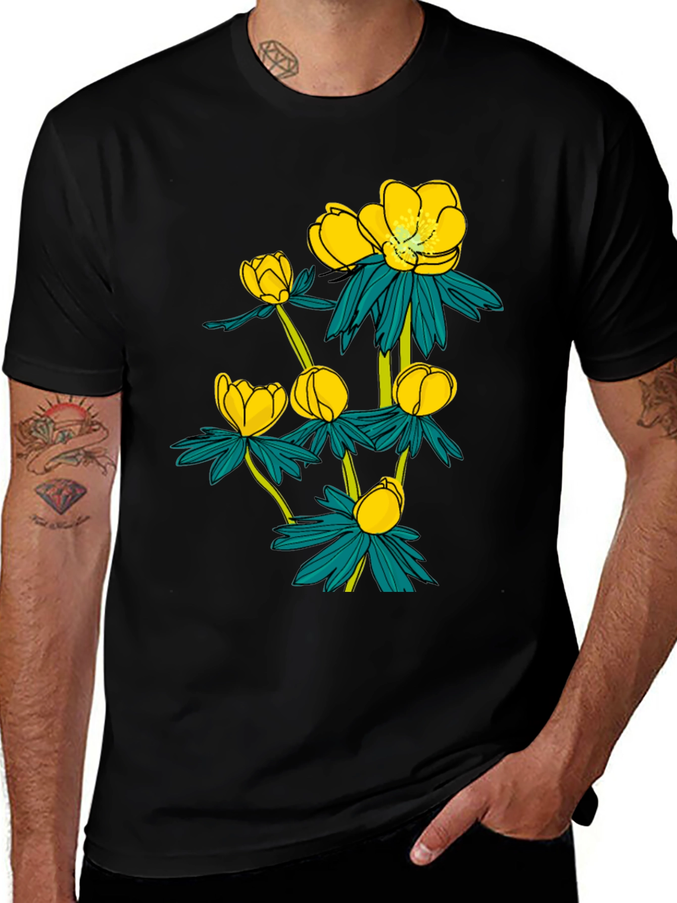 Variant 16 of Botanical Black T-Shirt with Yellow Flower Design