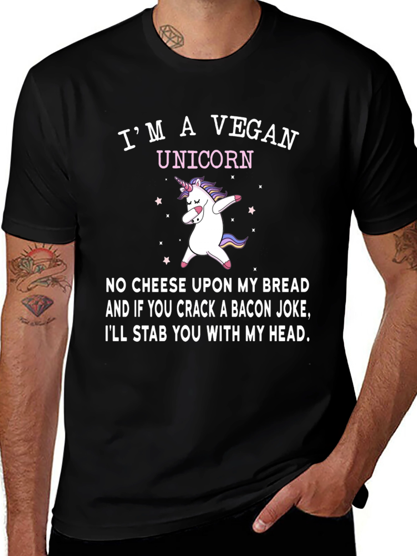Variant 2 of Vegan Unicorn T-Shirt: No Cheese, No Bacon!