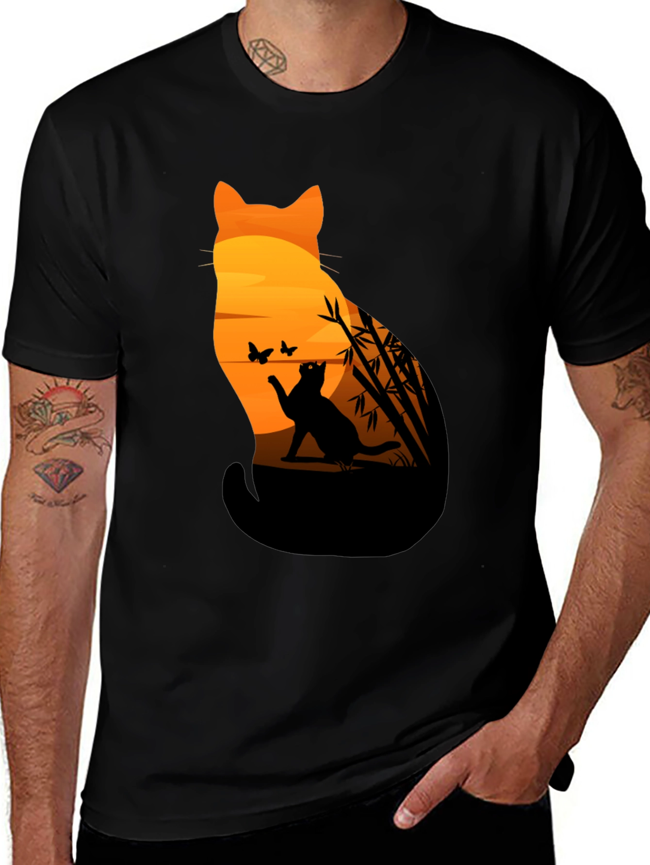 Variant 15 of Cat Silhouette Sunset Graphic Tee - Black