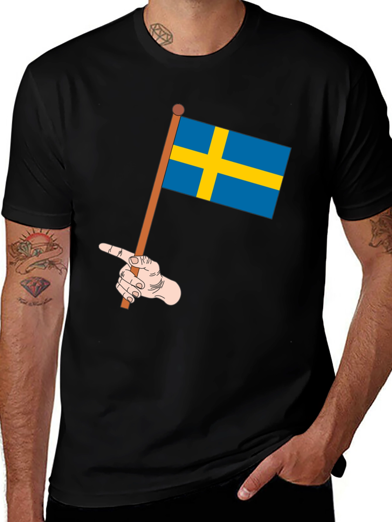 Sweden Flag Pointing Graphic Tee - Black Casual Shirt