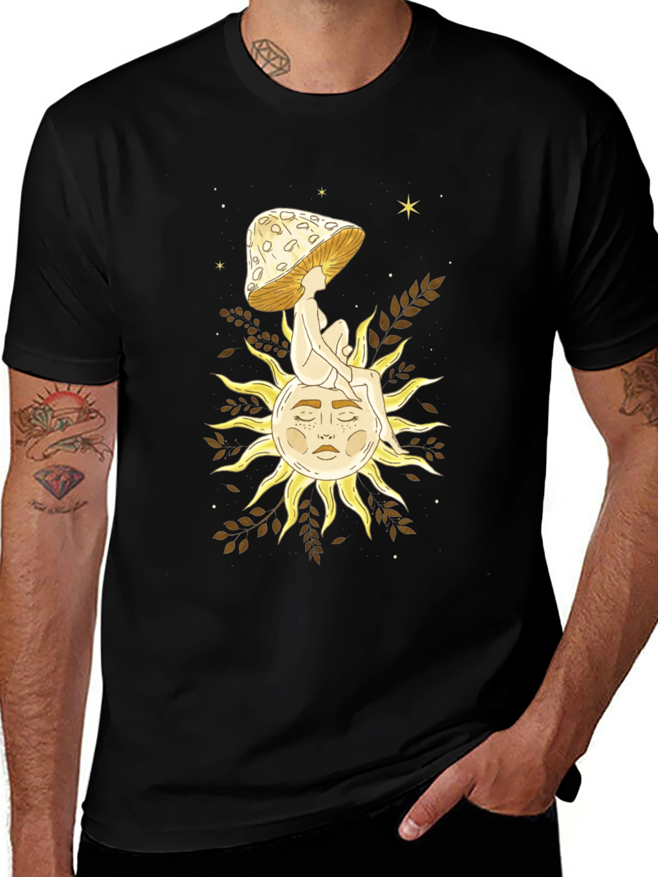 Variant 15 of Celestial Mushroom Sun Graphic Tee - Black Cotton T-Shirt