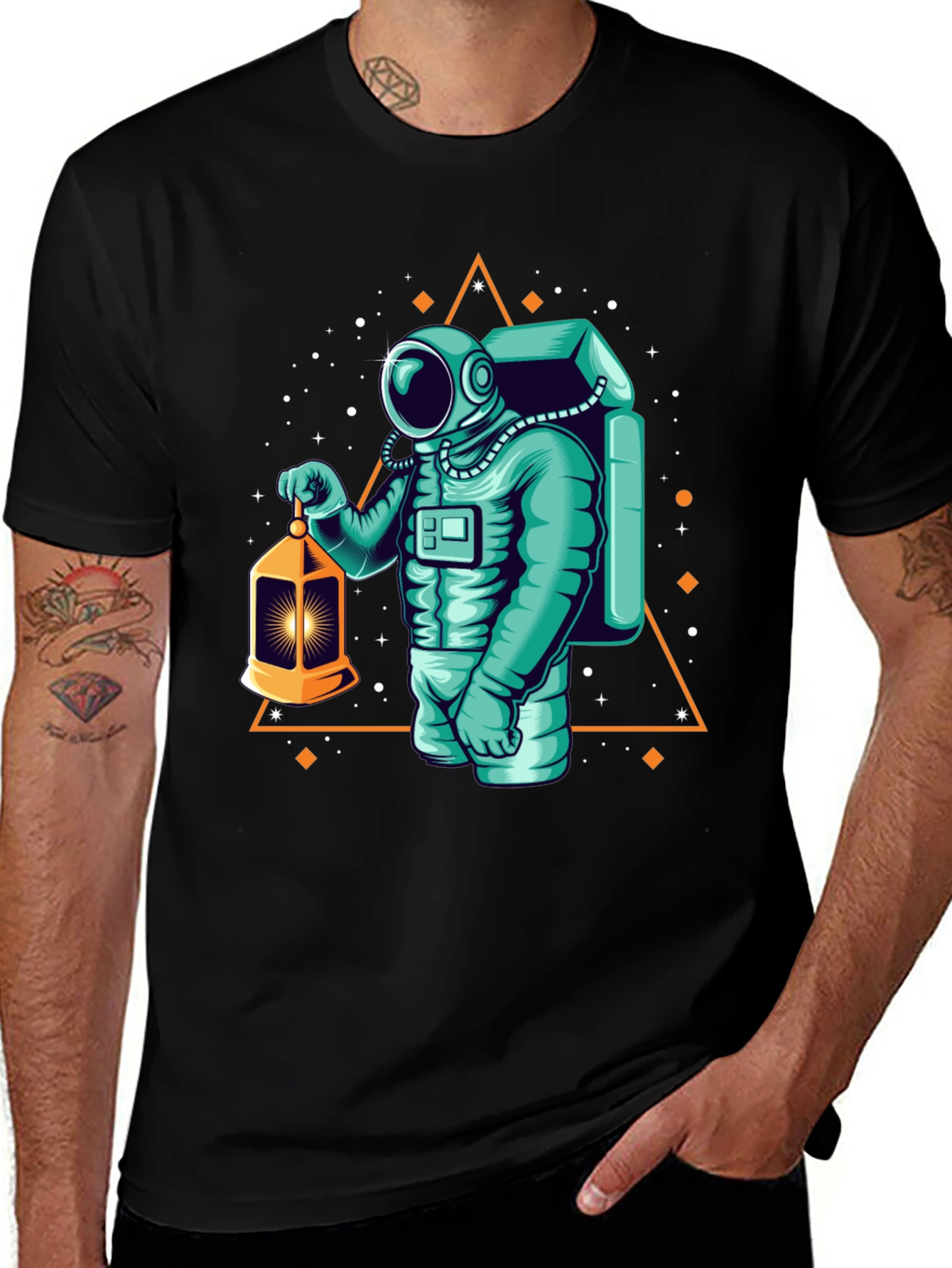 Variant 27 of Astronaut Lantern Graphic Tee - Black Cotton T-Shirt