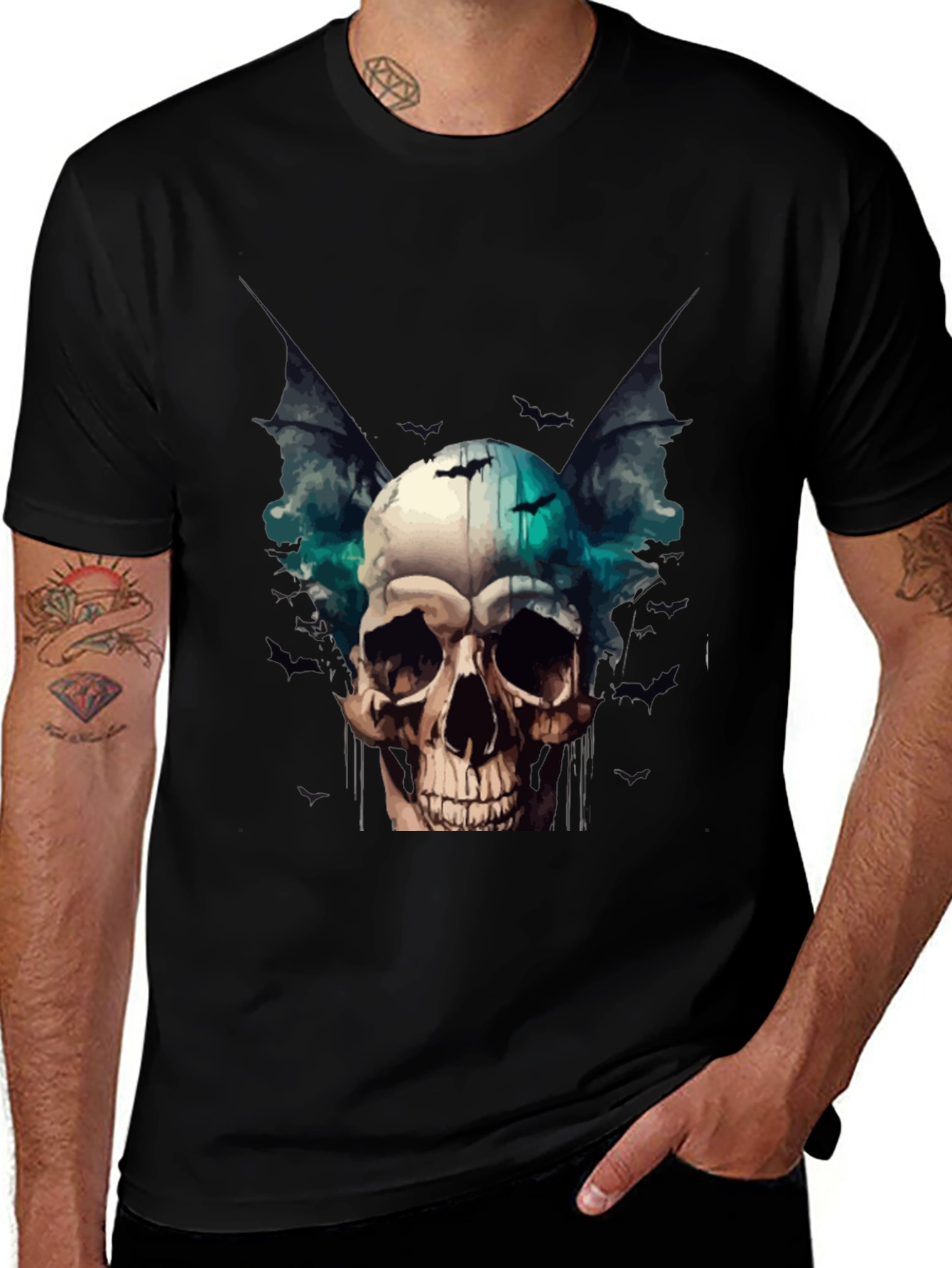 Variant 21 of Skull & Bats Graphic Tee - Gothic Style T-Shirt