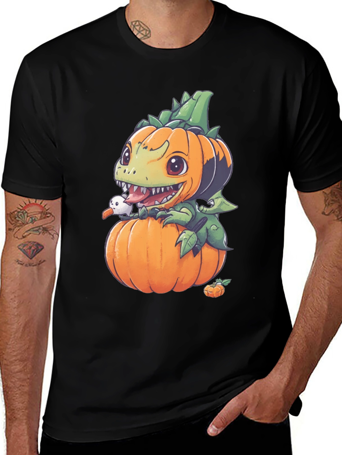 Variant 6 of Halloween Pumpkin Dinosaur Black T-Shirt