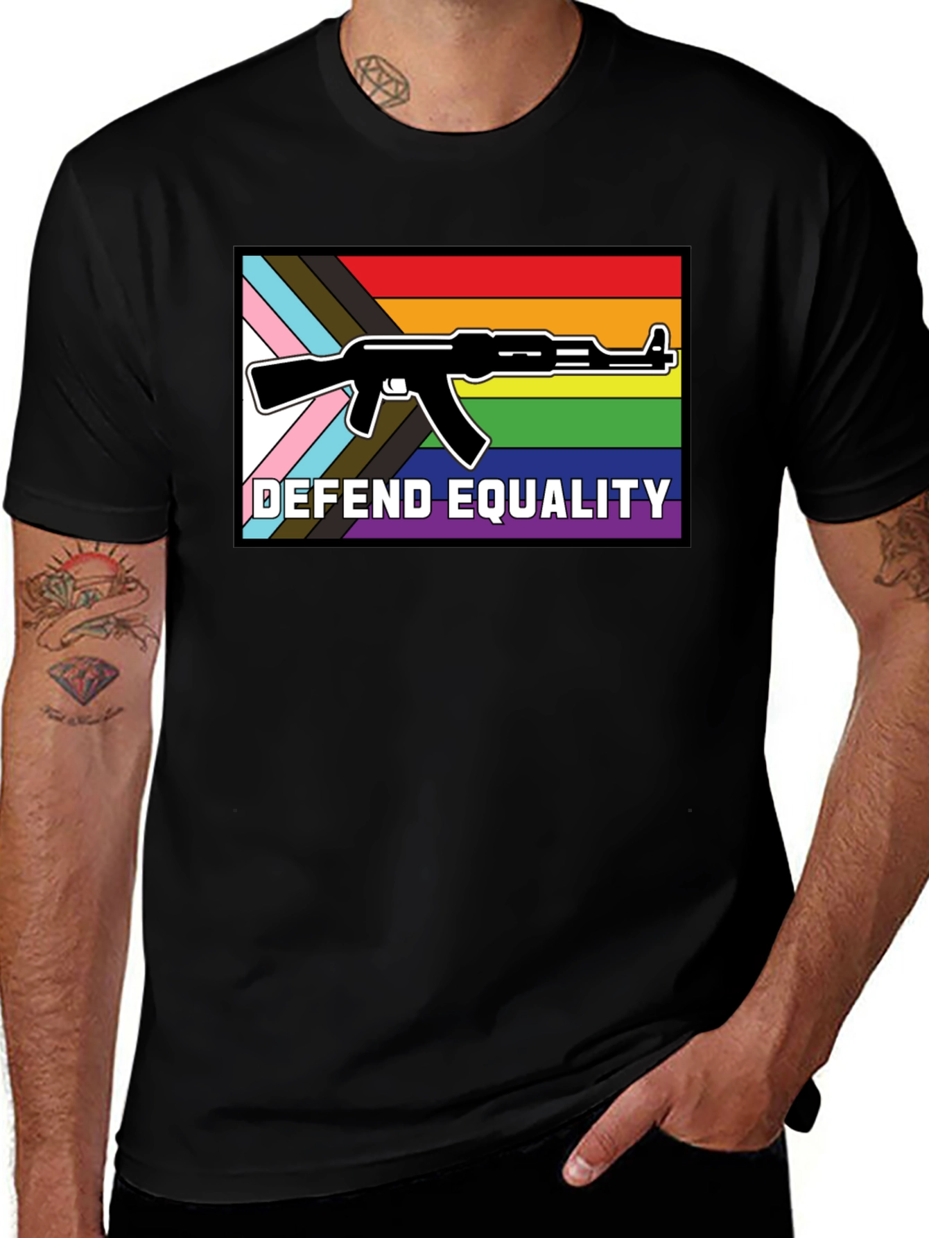 Defend Equality T-Shirt: LGBTQ+ Rights AK-47 Design