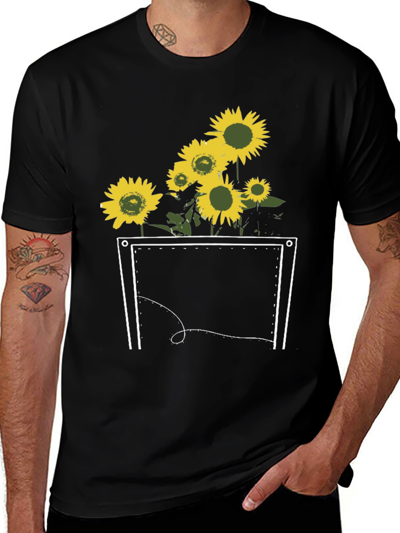 Variant 29 of Sunflower Pocket Graphic Tee - Stylish Black T-Shirt