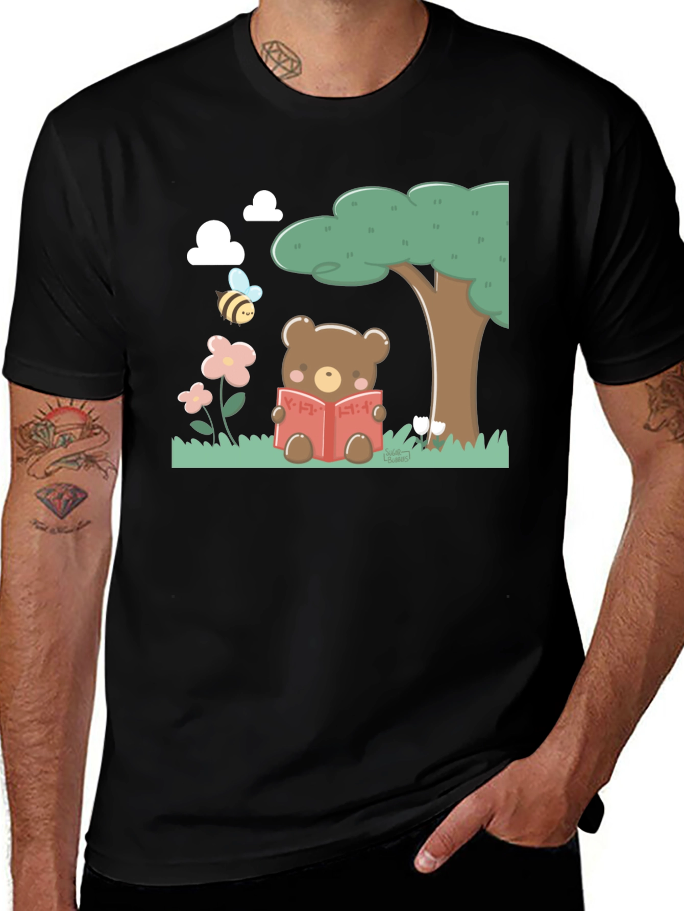 Cute Bear Reading T-Shirt - Black