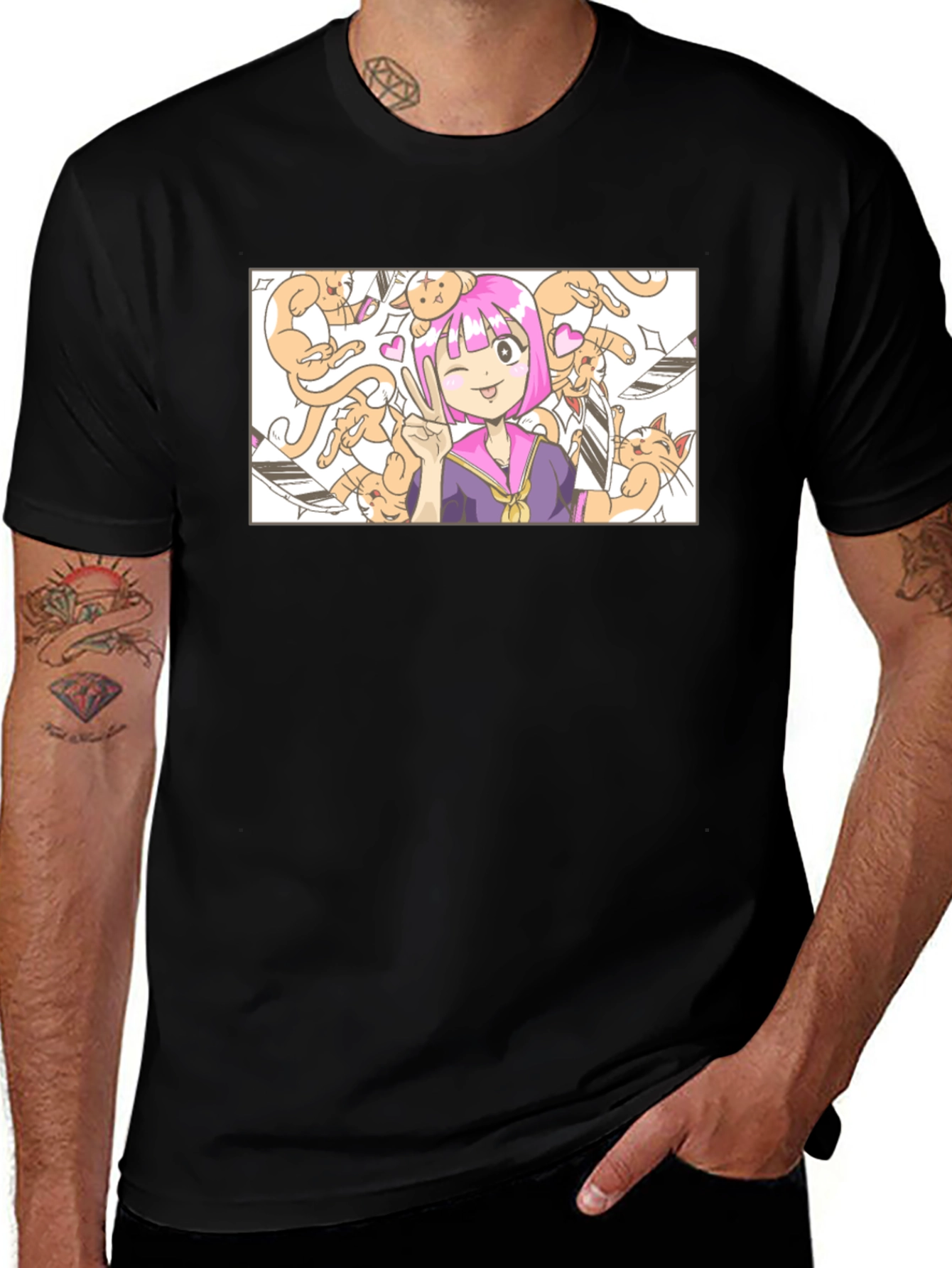 Variant 10 of Anime Girl with Cats T-Shirt - Black