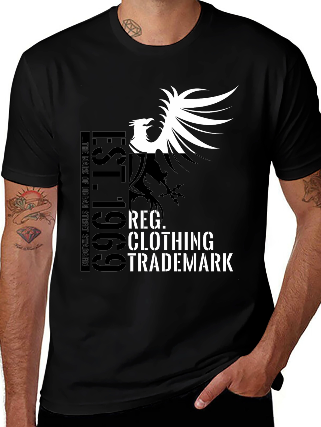 Variant 26 of Black Graphic T-Shirt - Bird and Text Design