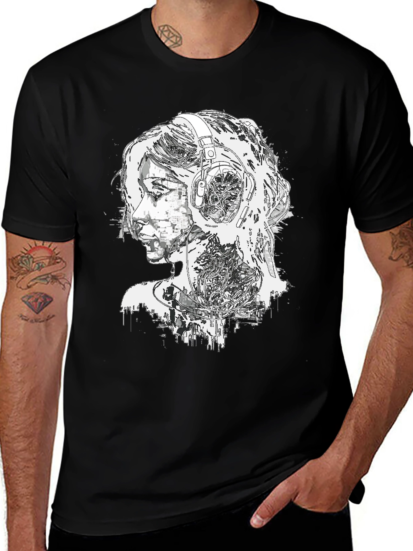 Variant 17 of Abstract Woman with Headphones Graphic Tee - Black