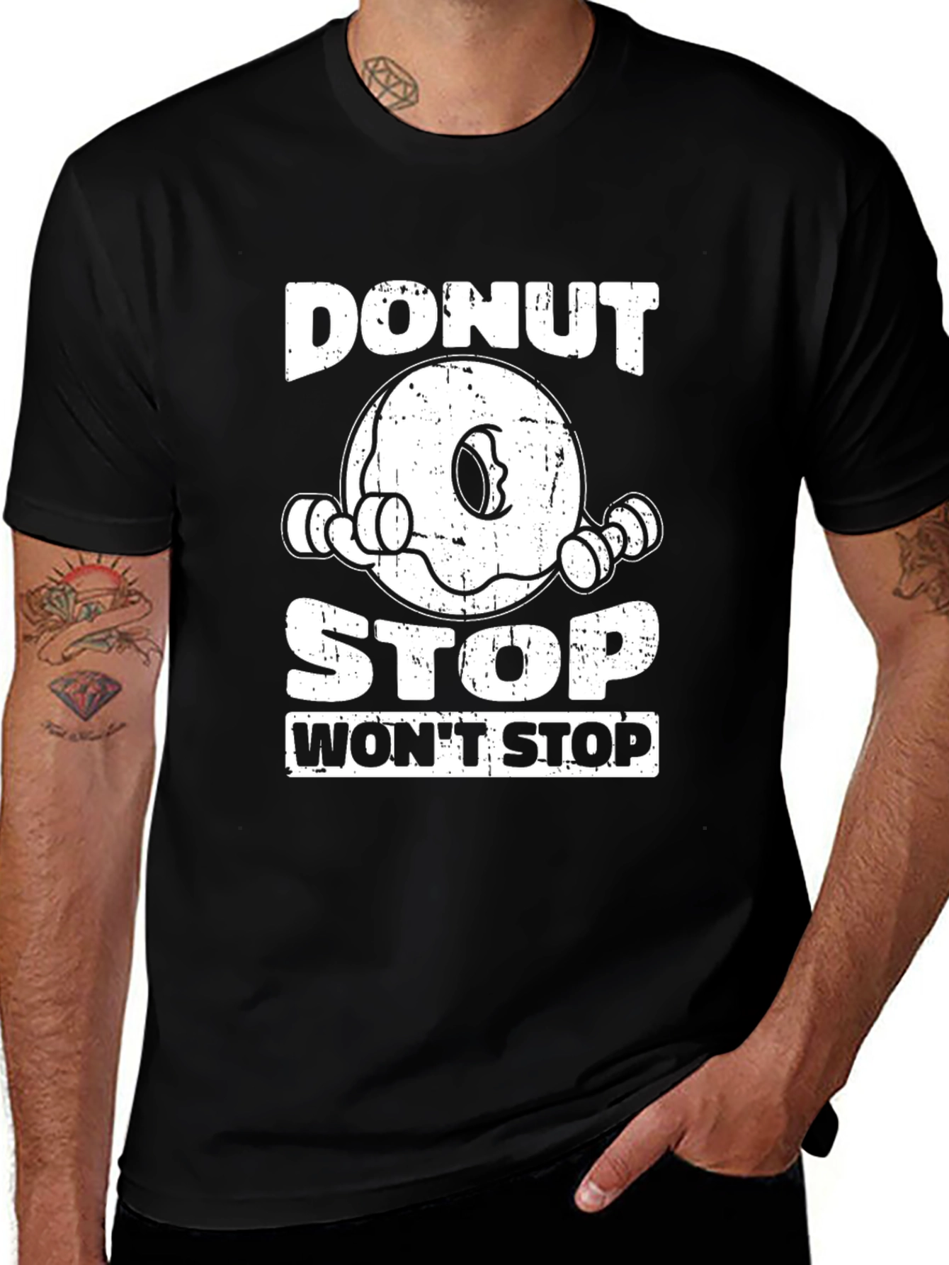Variant 24 of Donut Stop Won't Stop Black Graphic Tee