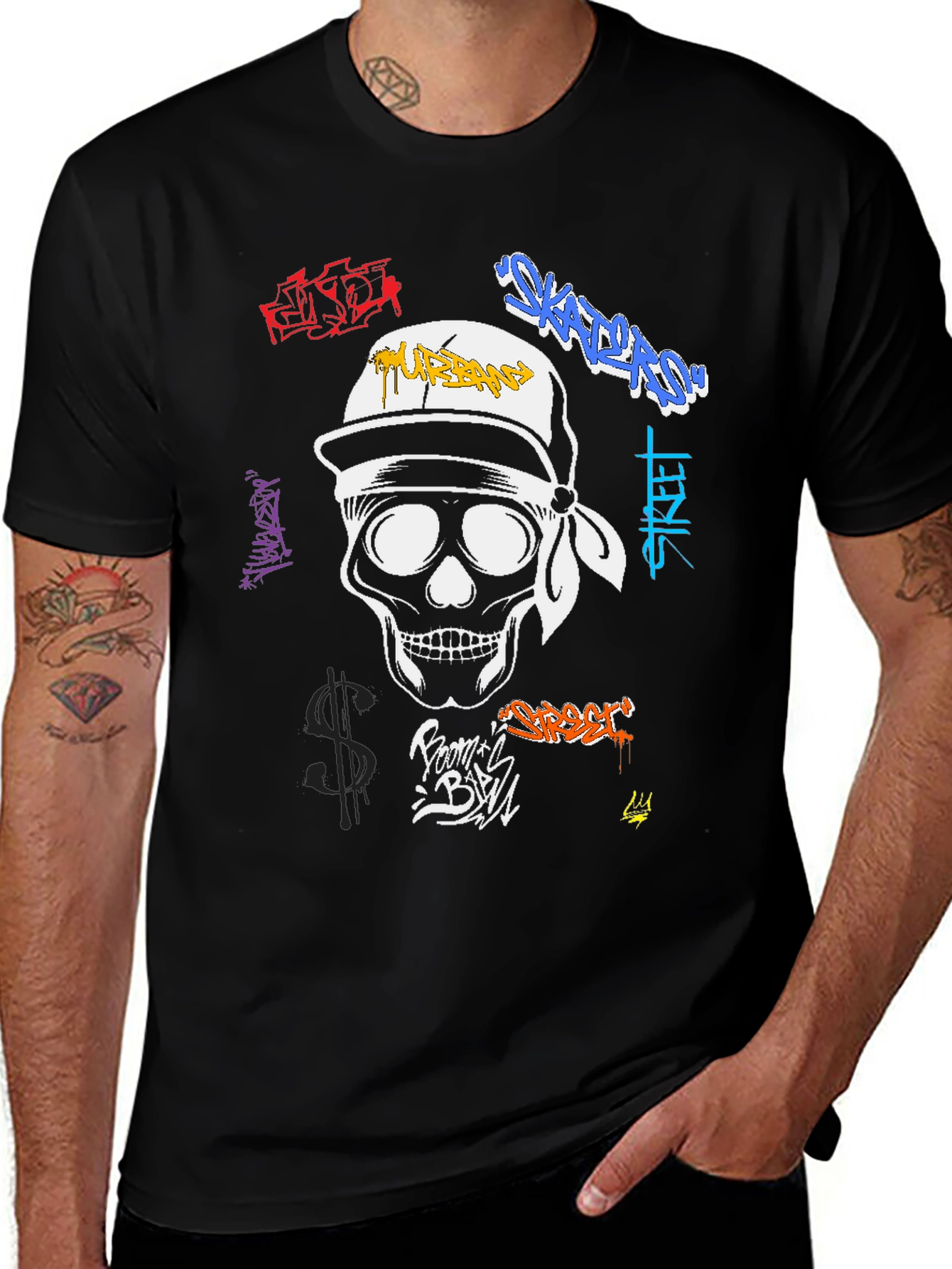 Black Urban Skull Graffiti T-Shirt - Streetwear Fashion main image