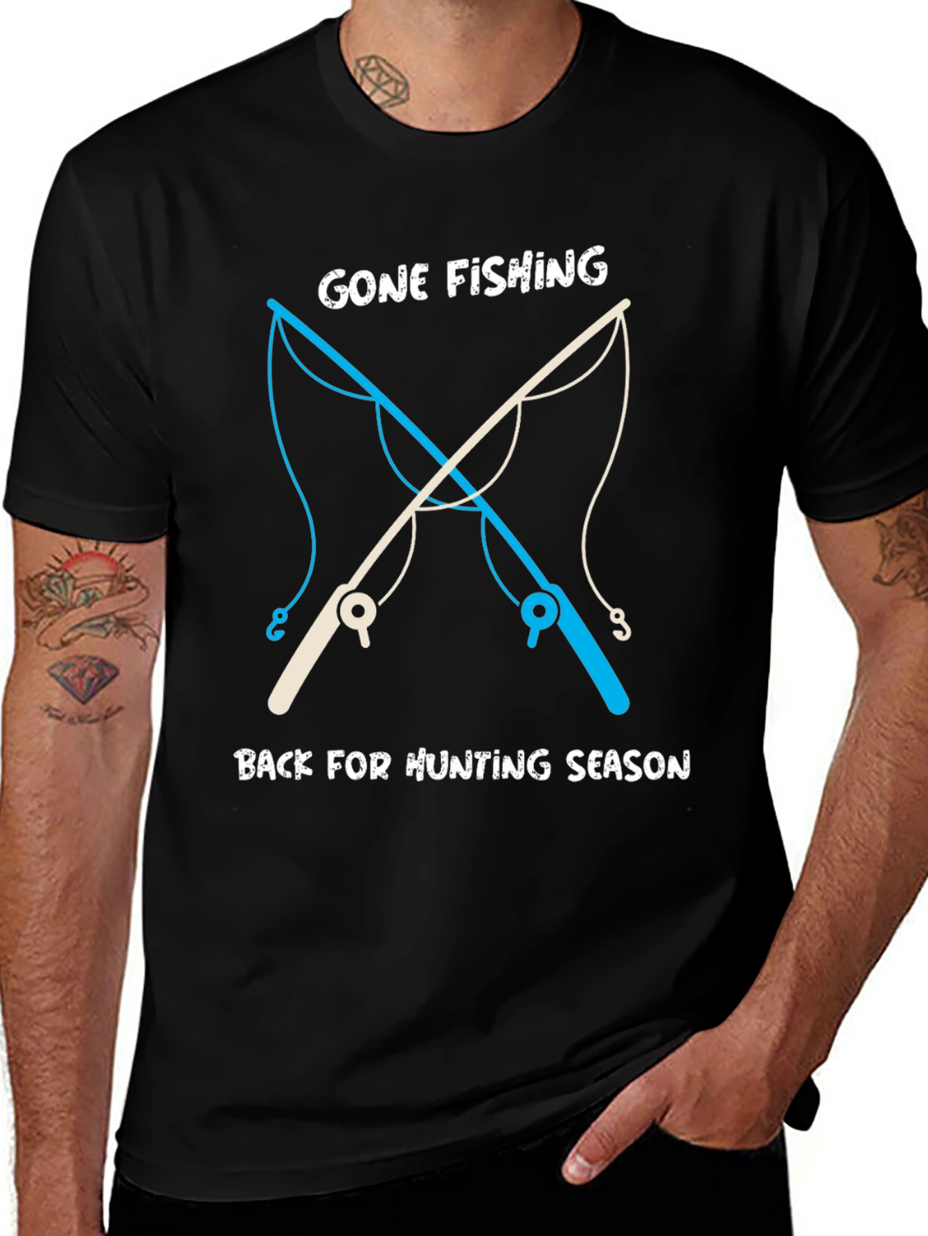Variant 21 of Gone Fishing, Back For Hunting Season Graphic Tee