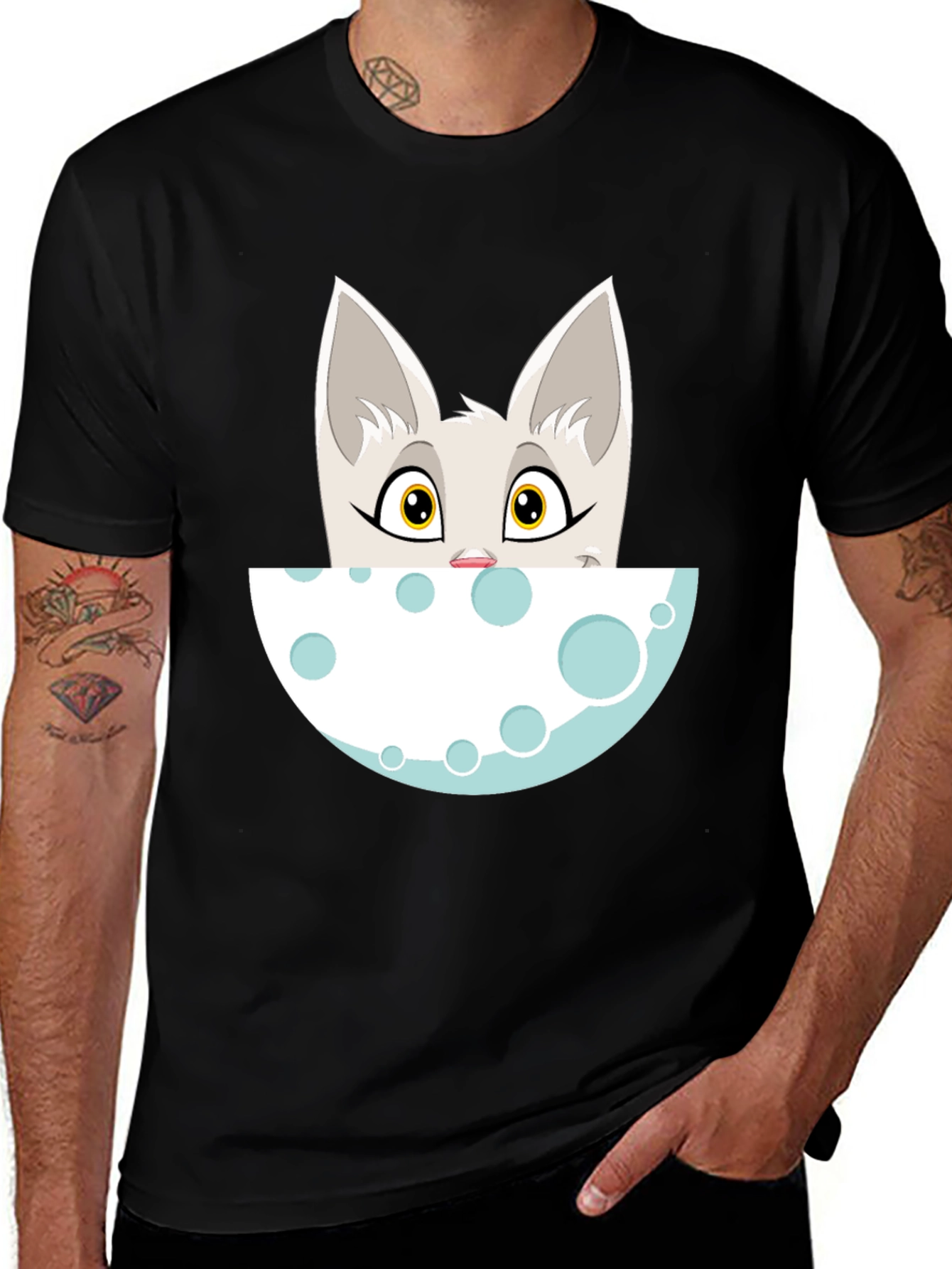 Variant 16 of Cartoon Cat Peeking Over Moon Graphic Tee - Black
