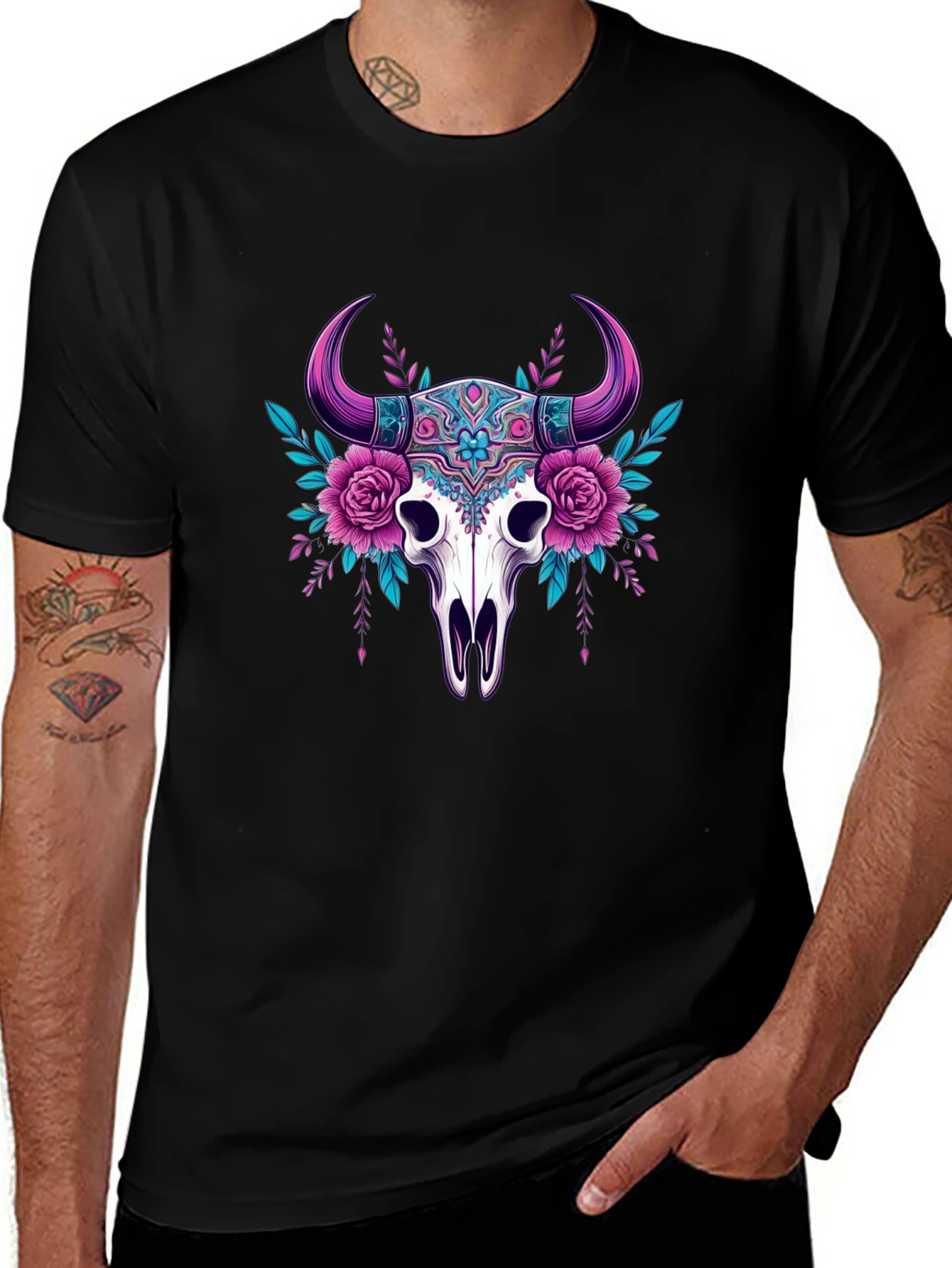 Variant 4 of Floral Bull Skull Graphic Tee - Stylish Casual Wear