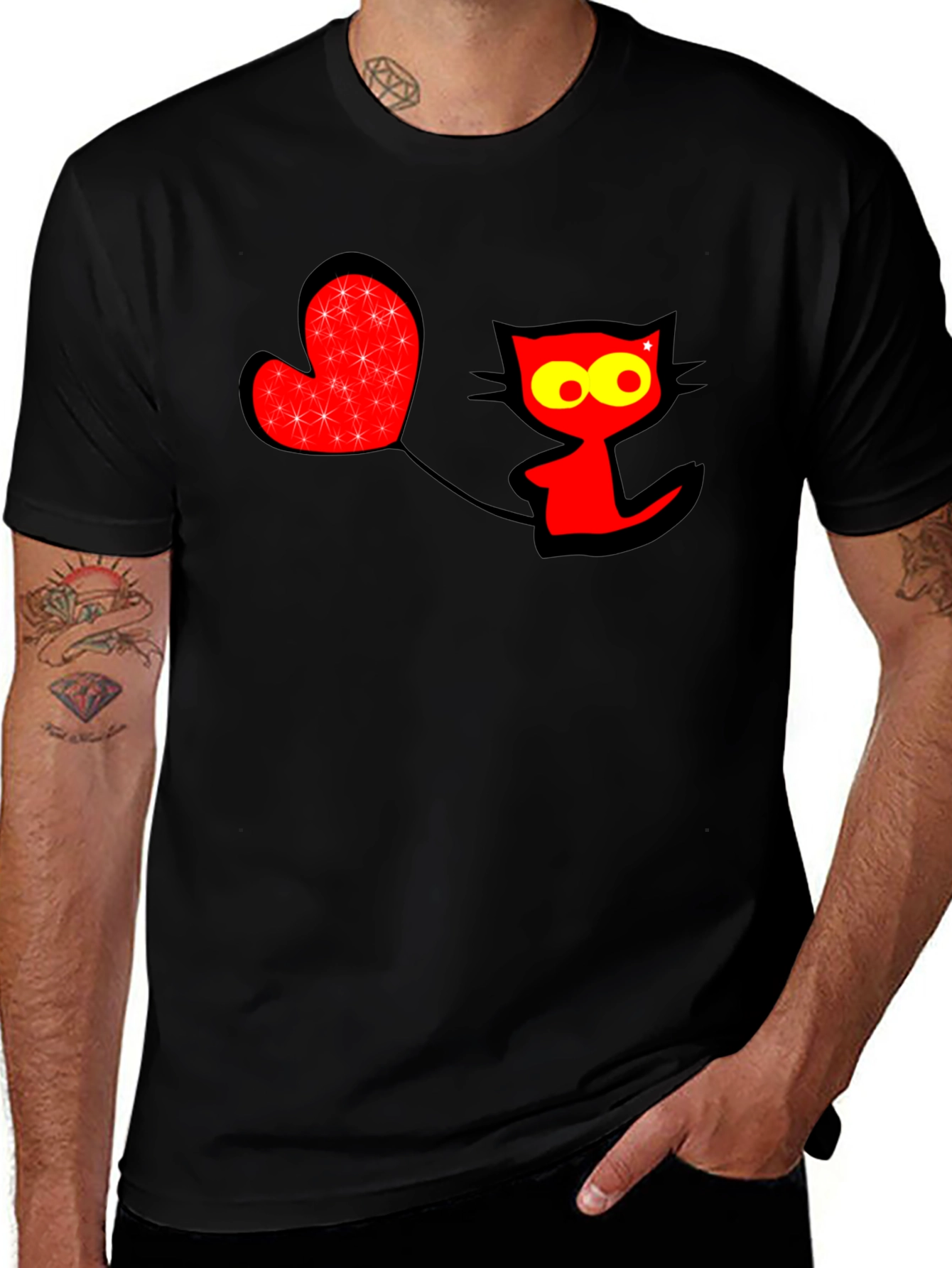 Variant 27 of Fun Graphic Tee: Red Cat with Heart Balloon
