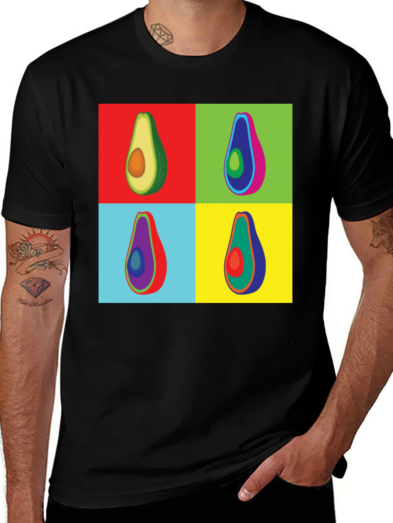 Pop Art Avocado Graphic Tee - Black Cotton T-Shirt