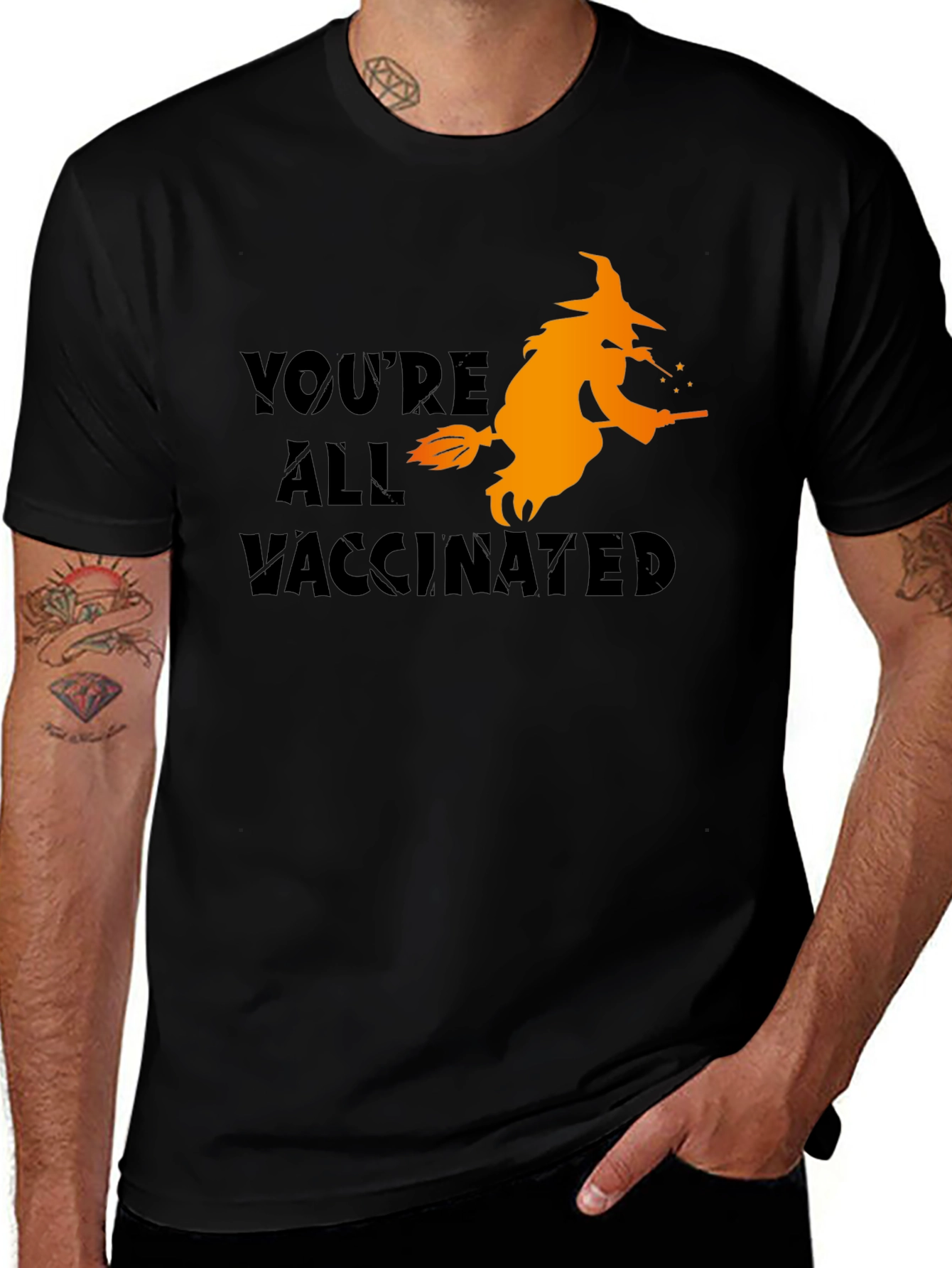 Variant 29 of Vaccinated Witch Graphic Tee - Halloween Fun