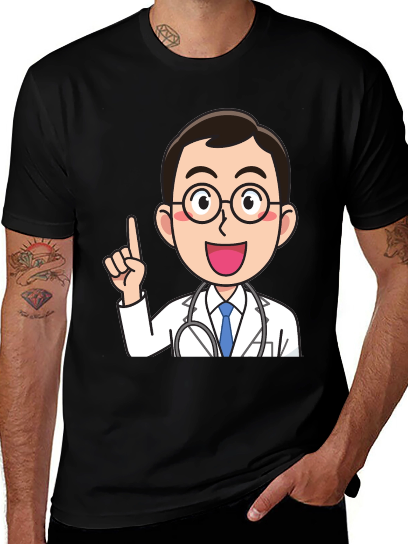 Variant 14 of Doctor Cartoon Graphic Tee - Black Cotton T-Shirt