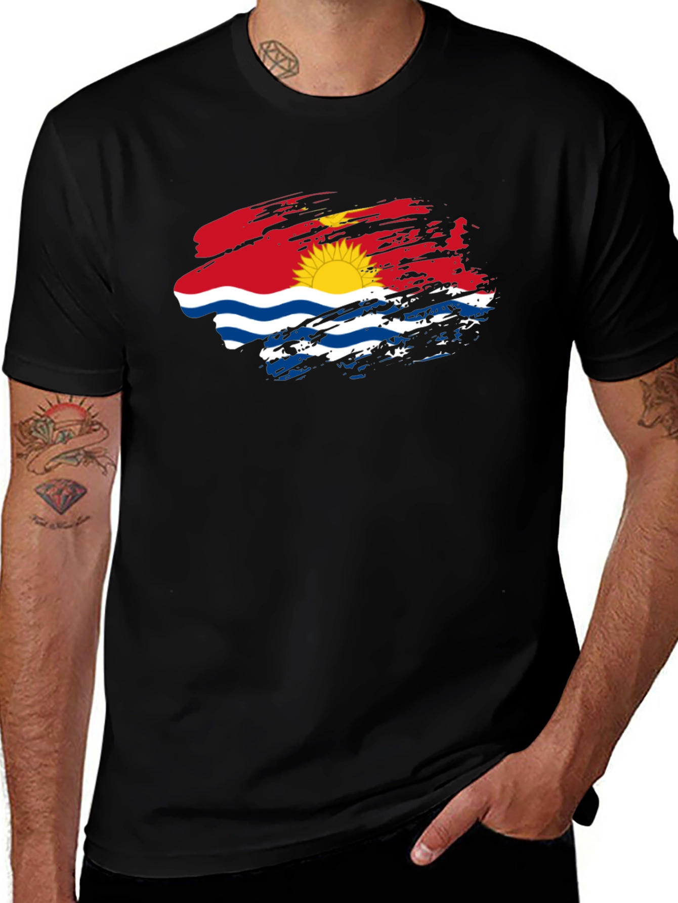 Variant 16 of Kiribati Flag T-Shirt - Black Crew Neck Tee