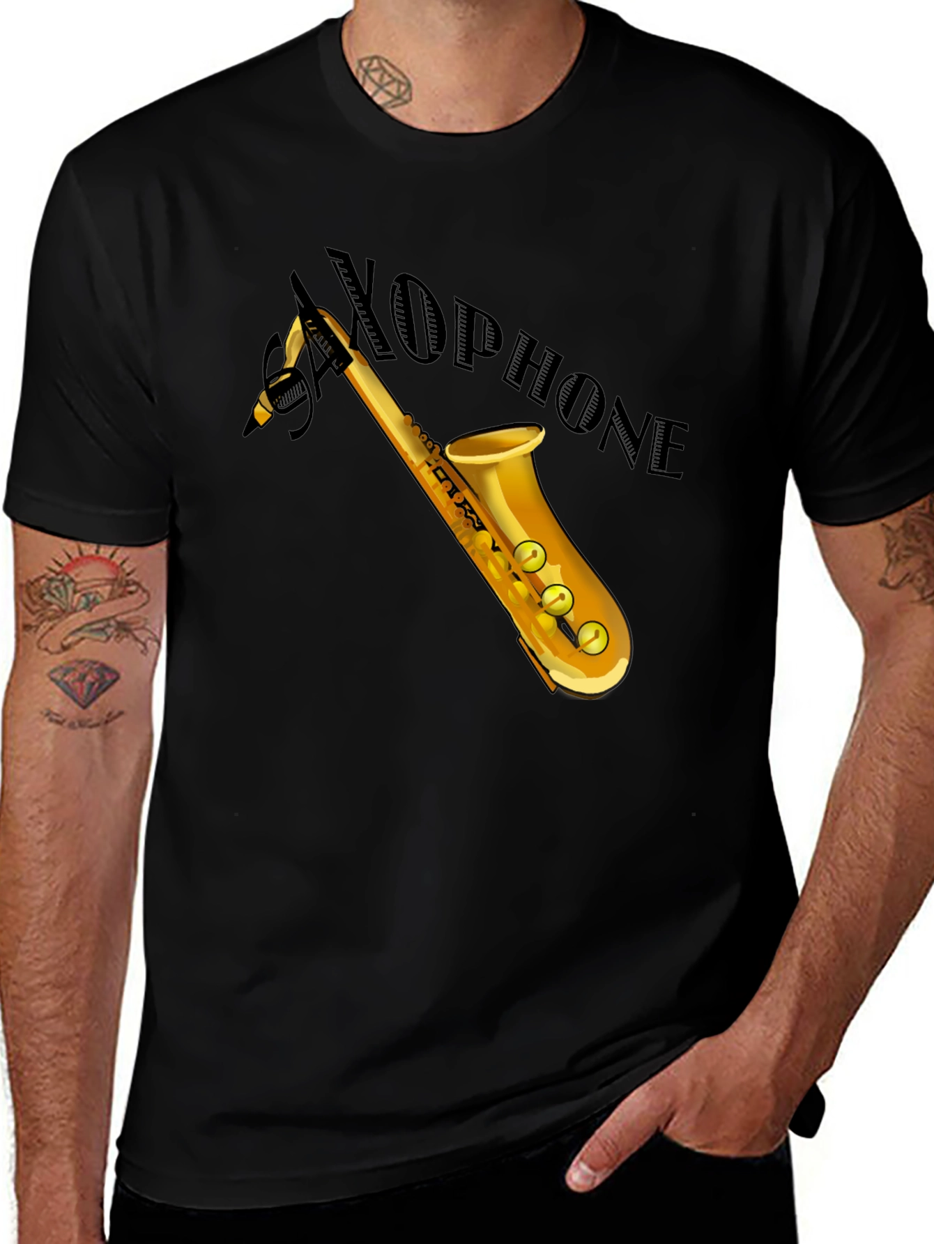 Variant 10 of Saxophone Graphic Tee - Black Cotton Casual Shirt