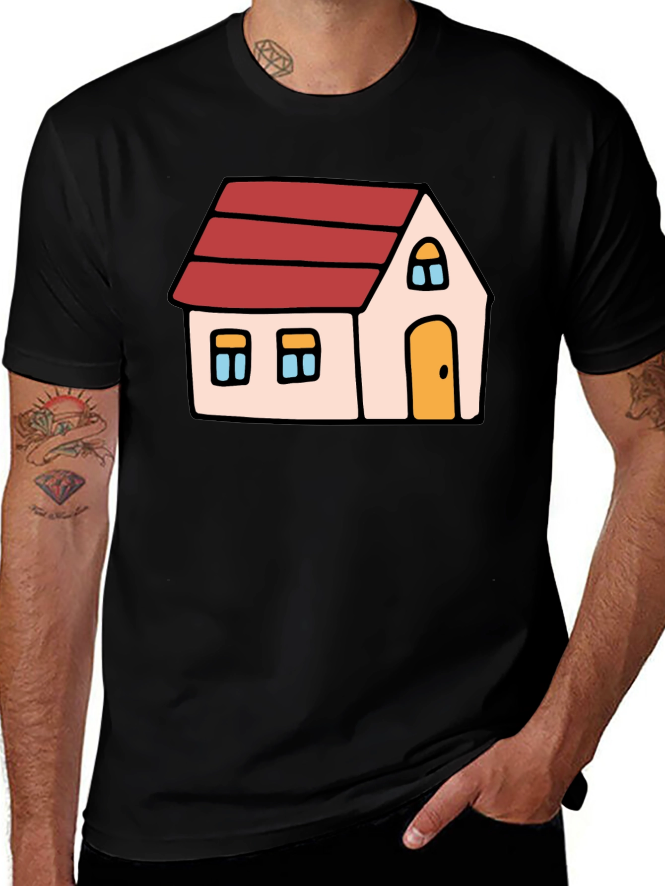 Variant 8 of Cartoon House Graphic Tee - Black Cotton Blend