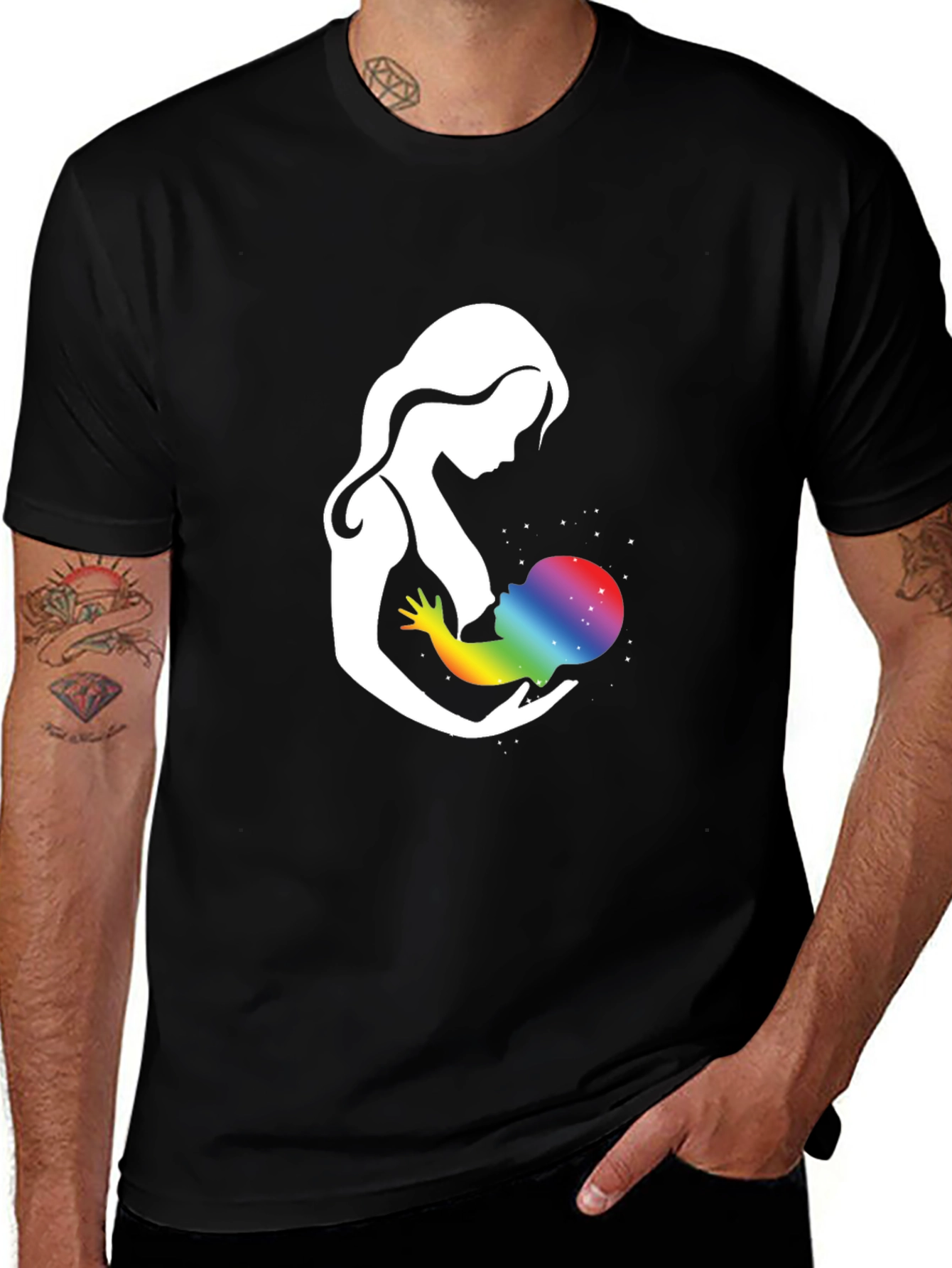 Black Mother & Child Rainbow Galaxy Graphic T-Shirt main image