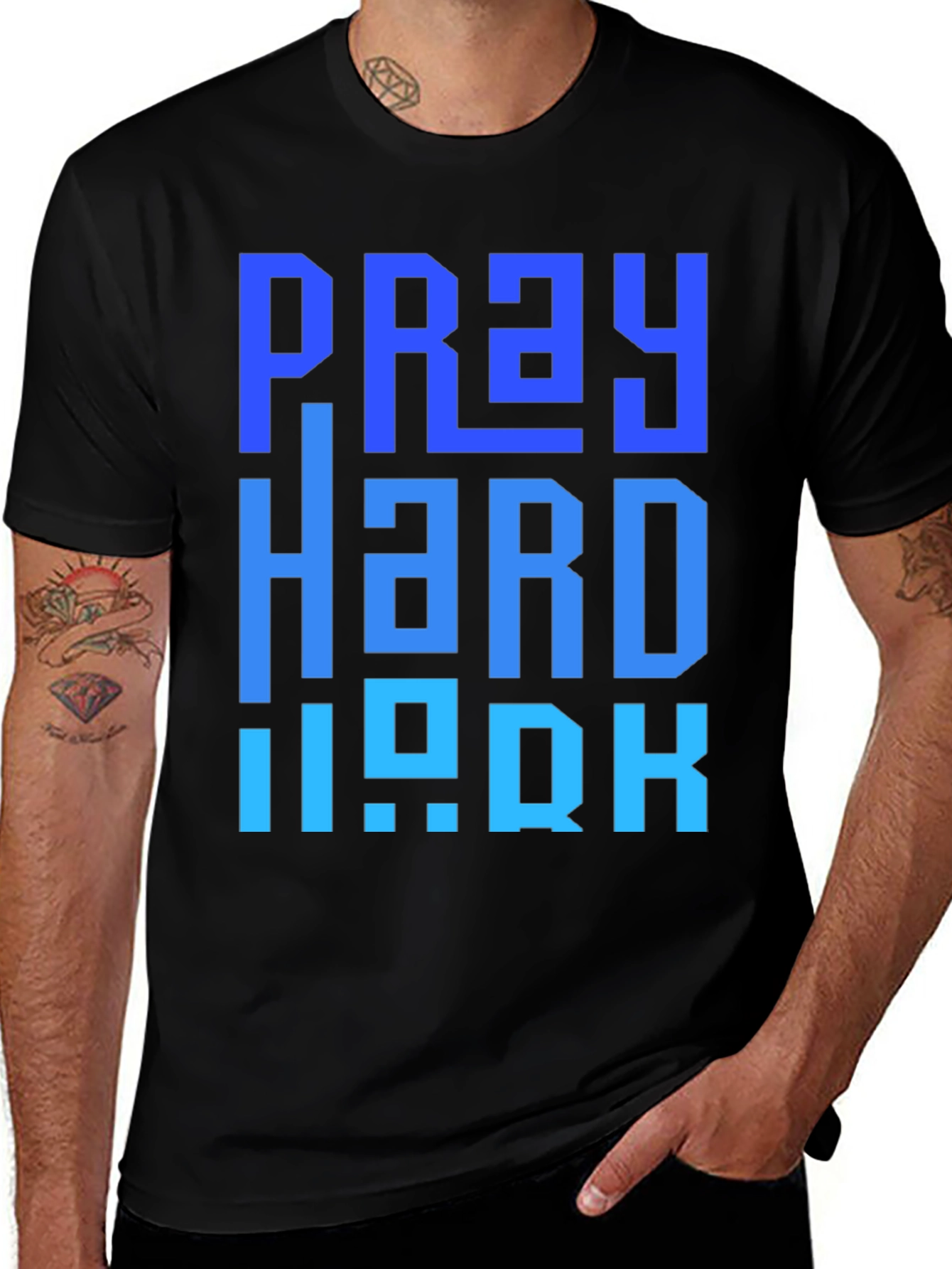 Variant 24 of Pray Hard Work T-Shirt - Black, Blue Graphic Tee