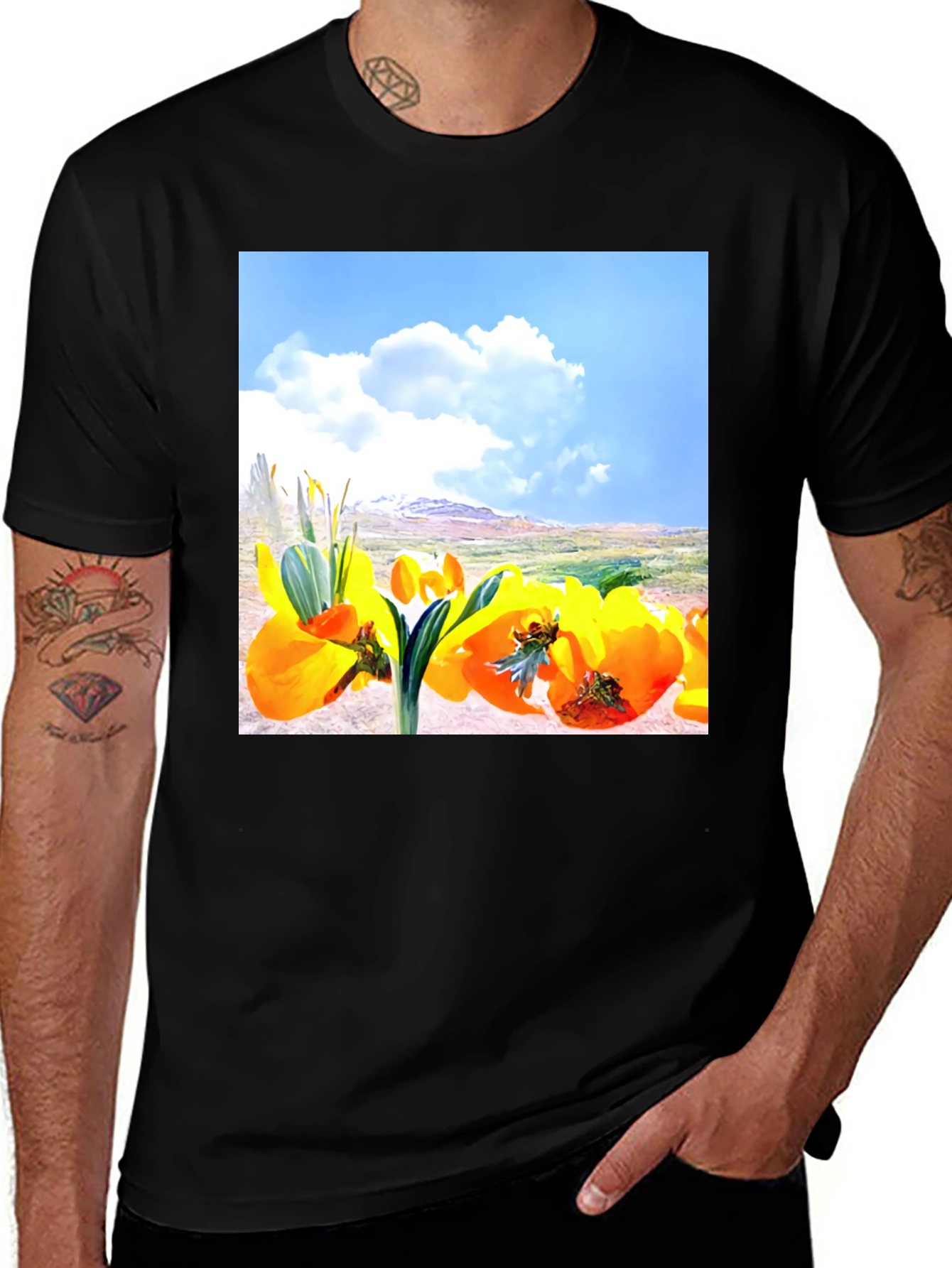 Variant 20 of Floral Landscape Graphic Tee - Black Cotton Blend