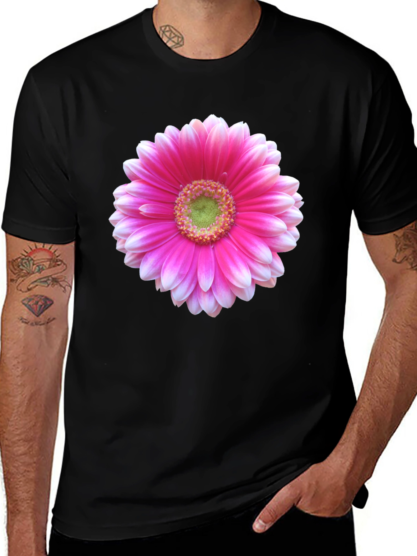Pink Flower Graphic Black T-Shirt