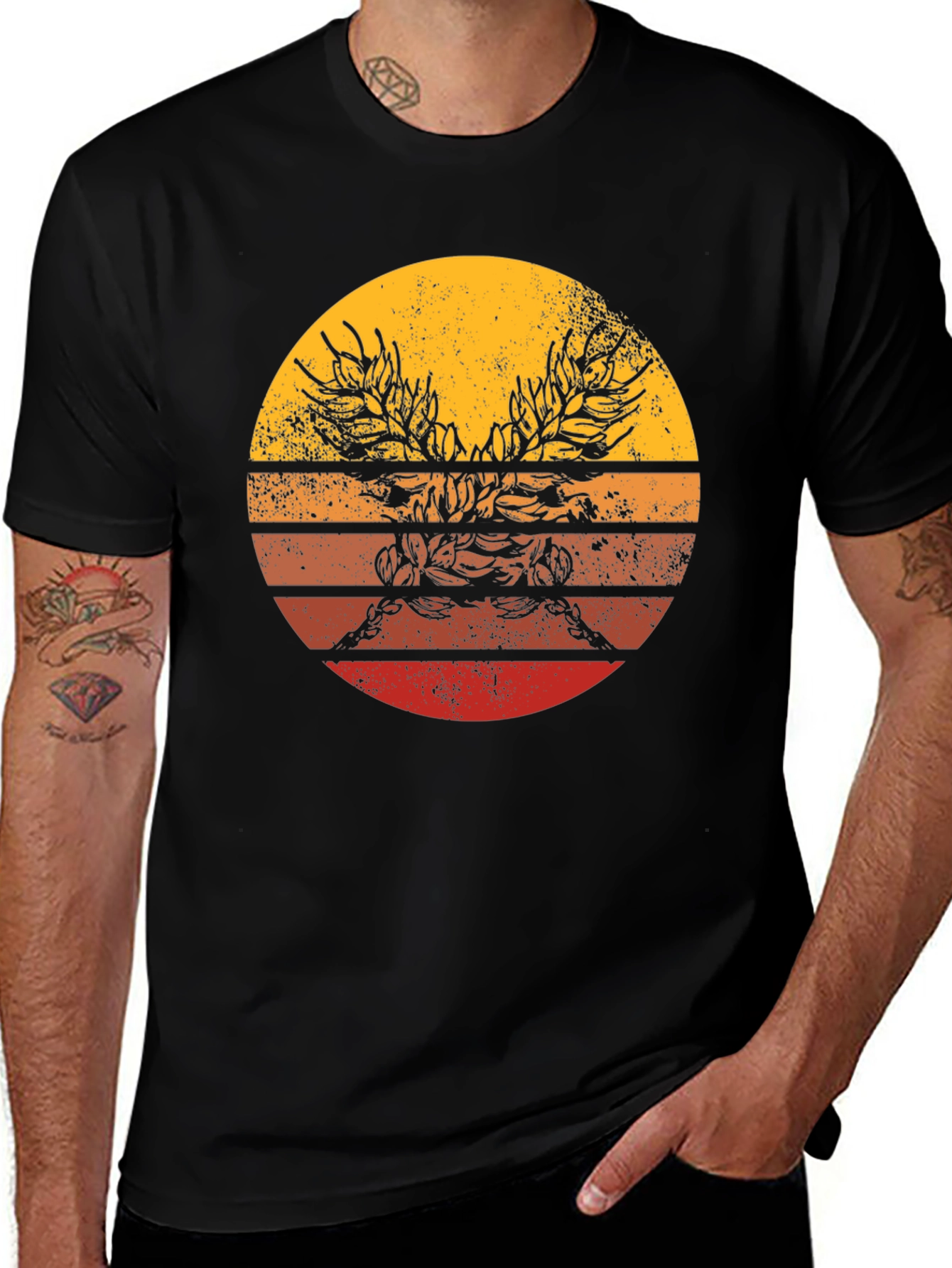 Variant 3 of Retro Sunset Deer Graphic Tee - Black Cotton Blend Shirt