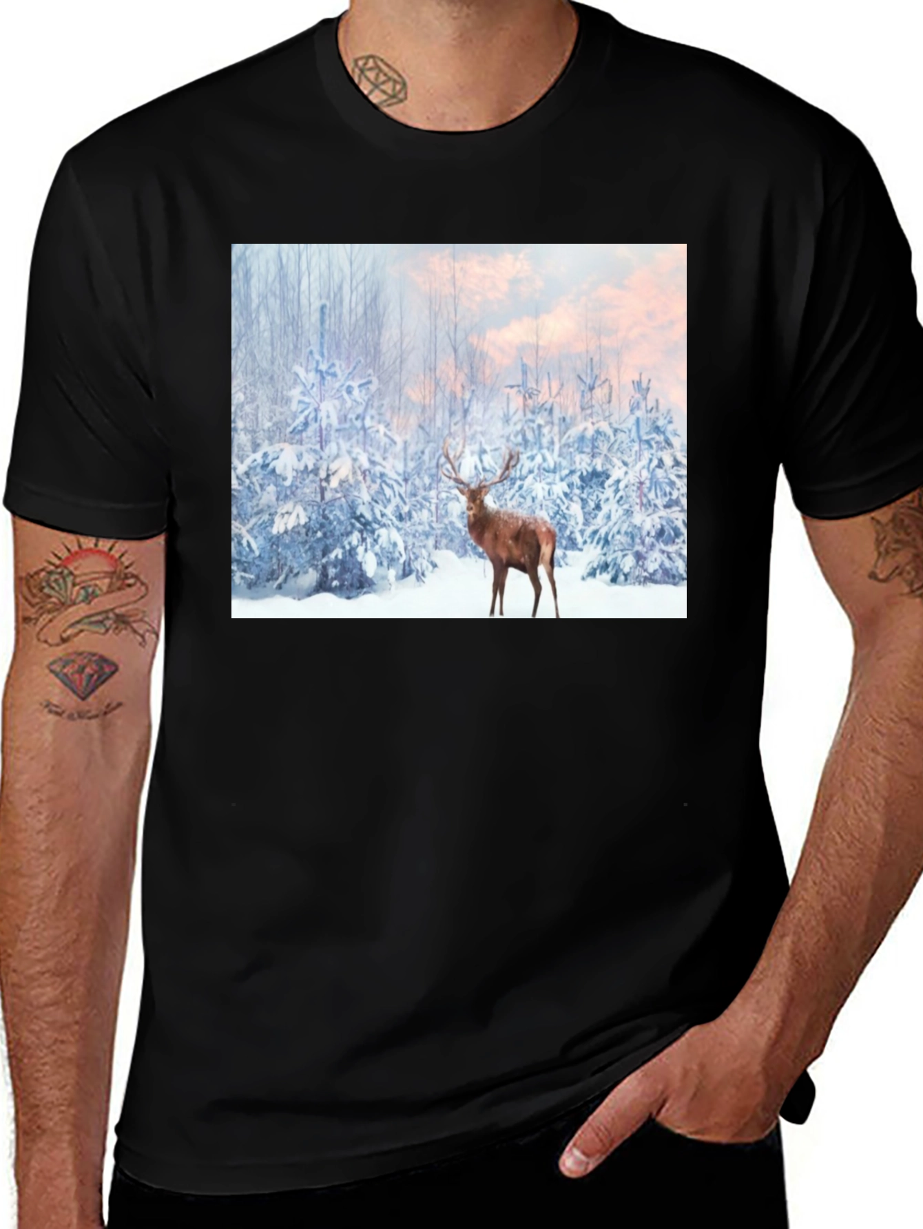 Variant 28 of Winter Deer Scene Black T-Shirt