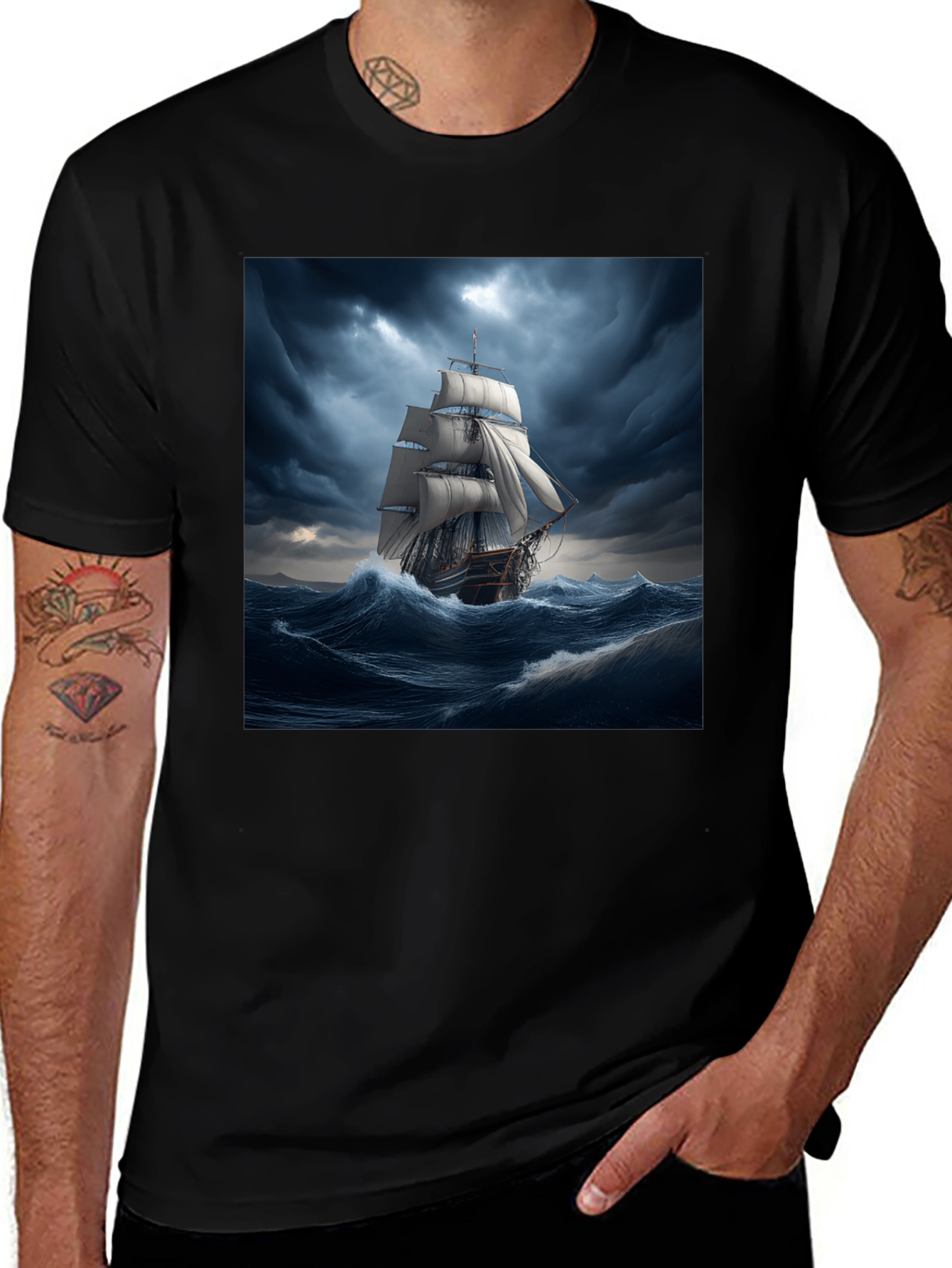 Variant 22 of Nautical Storm Ship Graphic Tee - Black Cotton Blend