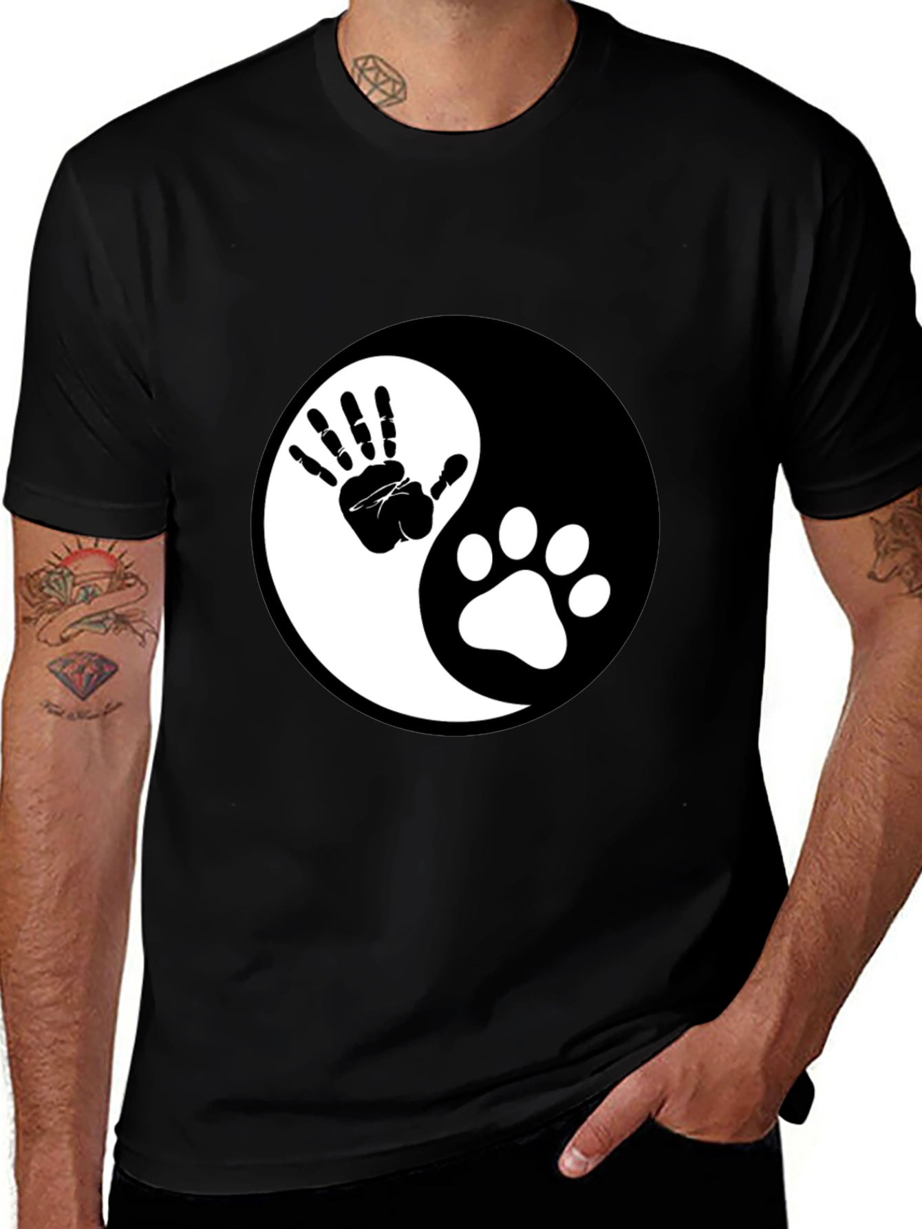 Yin Yang Human & Paw Print Graphic T-Shirt