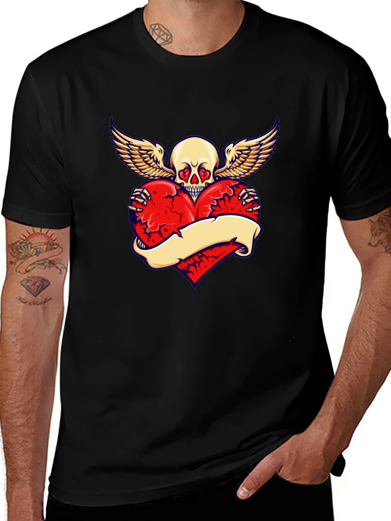 Variant 13 of Skull Heart Wings Graphic T-Shirt - Men's Black Tee