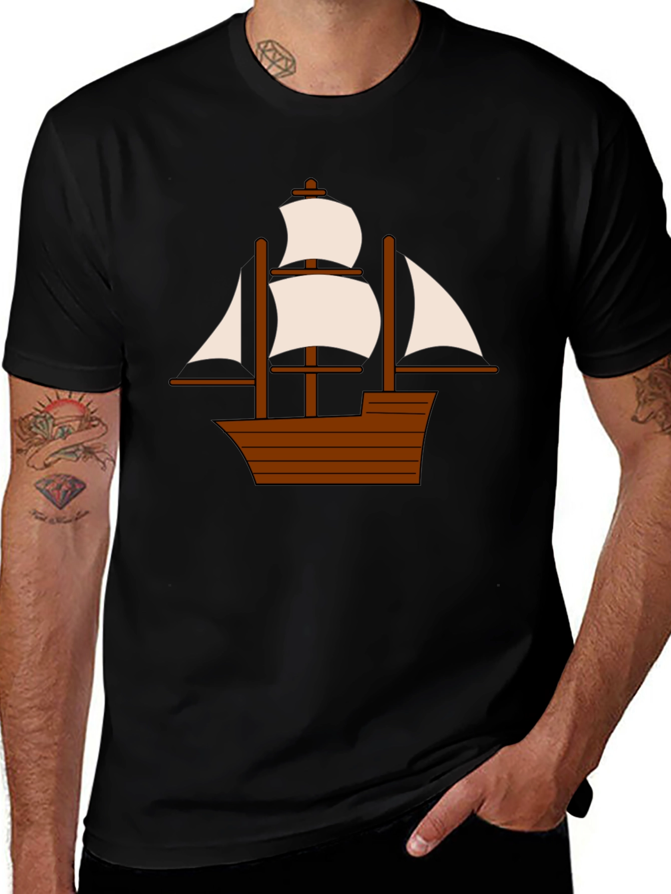 Variant 28 of Nautical Ship Graphic Tee - Black Cotton T-Shirt