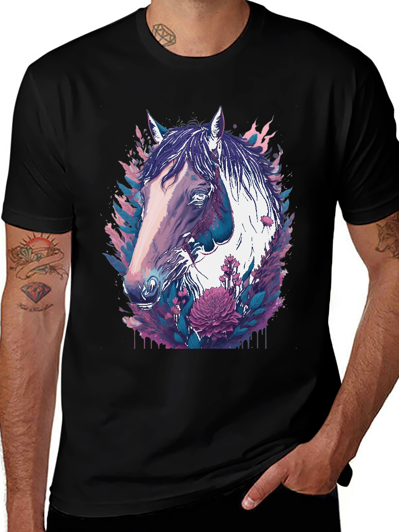 Variant 21 of Horse & Floral Graphic Black T-Shirt