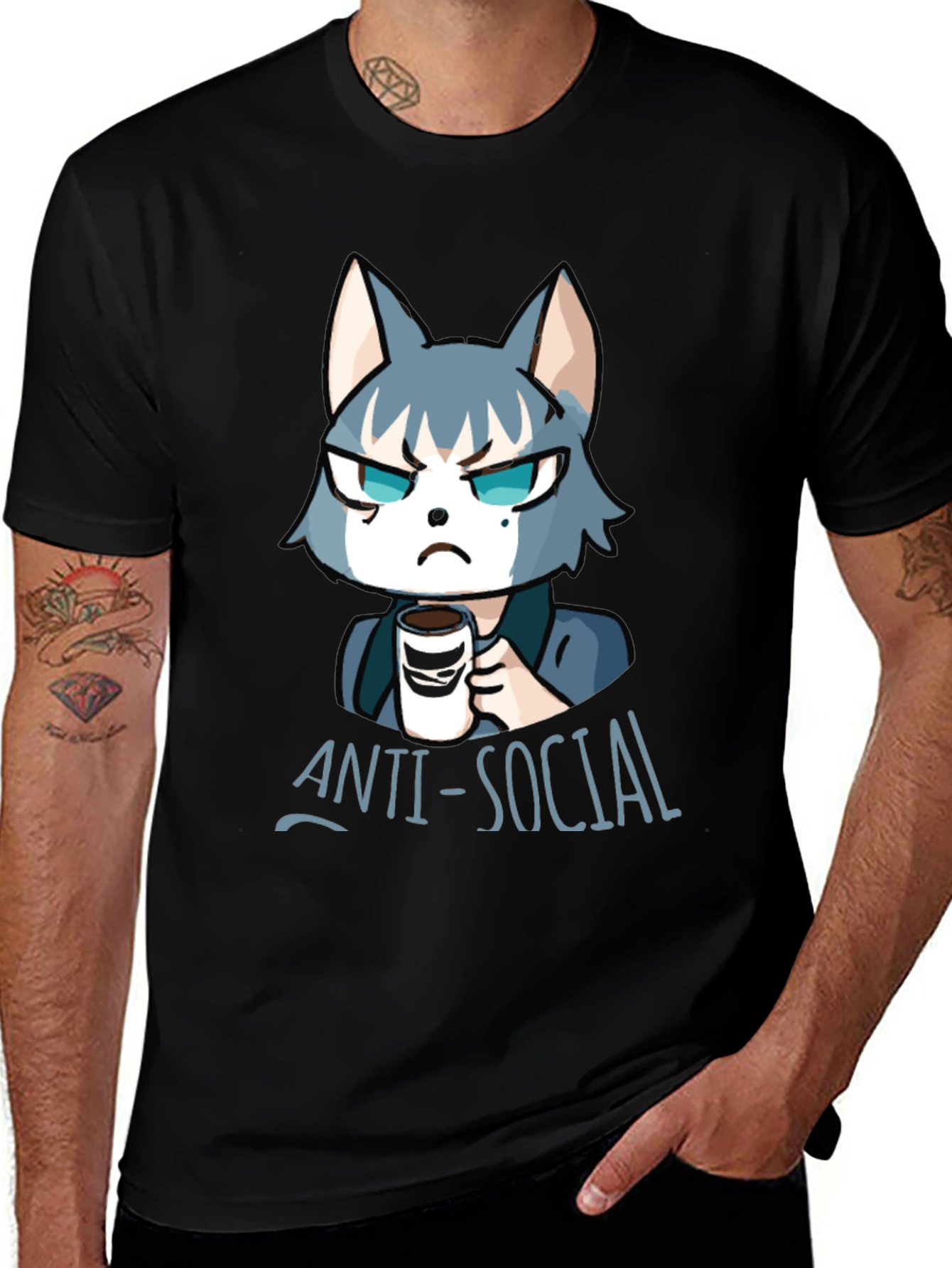 Black Anti-Social Wolf Graphic Tee - Coffee Lover T-Shirt main image