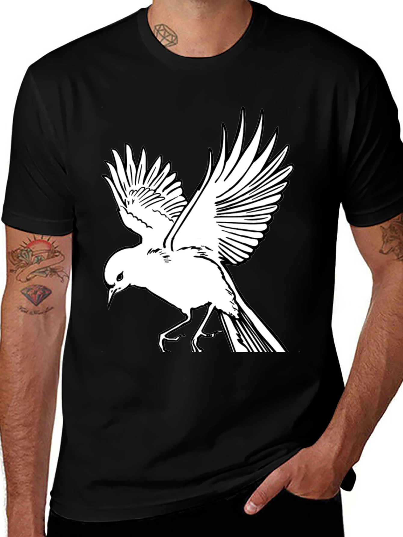 Variant 29 of Men's Black T-Shirt with White Bird Graphic