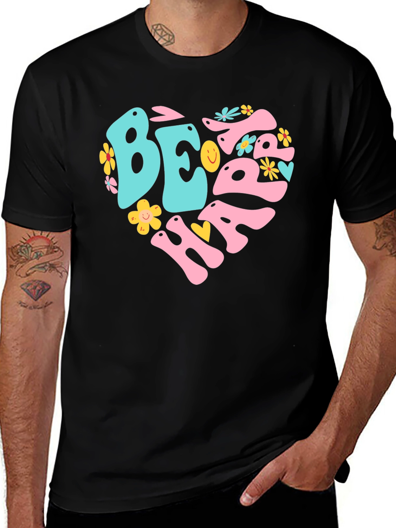 Variant 28 of Be Happy Heart Graphic Tee - Black Cotton Blend T-Shirt